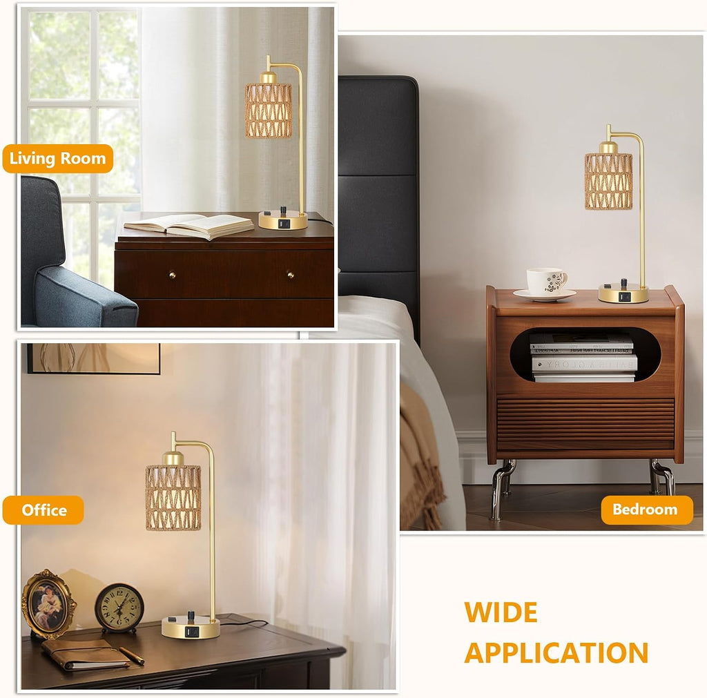 Gold Lamp for Bedroom, Boho Rattan Table Lamps Set of 2 with LED Bulbs, Bedside Lamps for Night Stands with Wicker Shade, USB Port and…