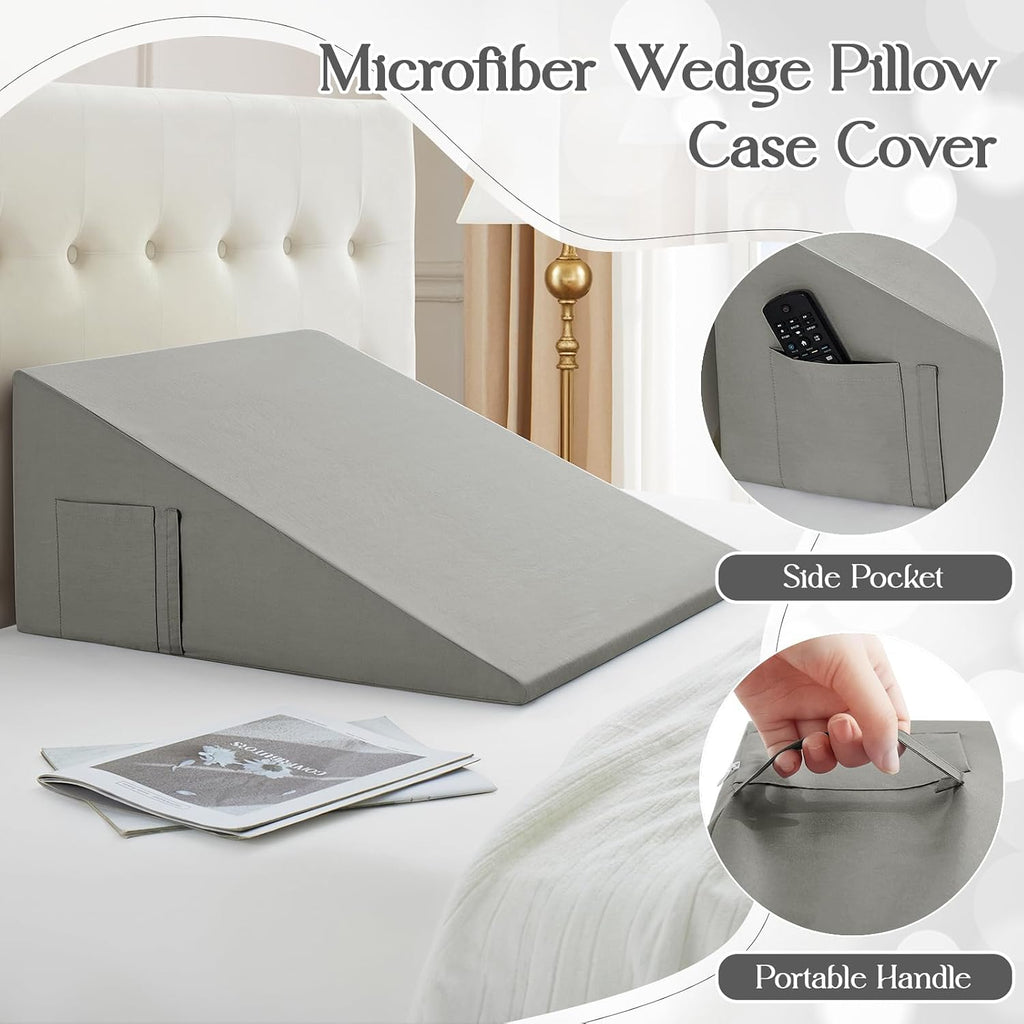 Cotton Wedge Pillow Cover for 24" x 24" x 12" Wedge Bed Pillow, Zippered Wedge Pillow Case Protector with Side Pocket, Light Grey (Pillow…