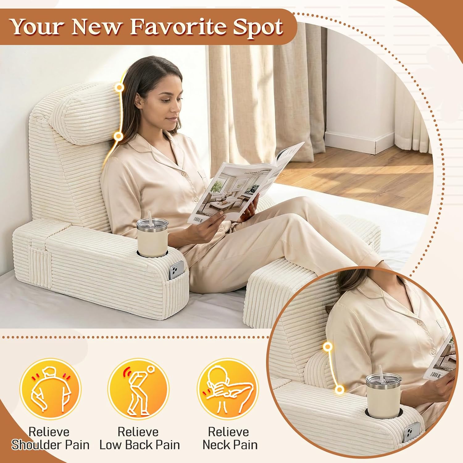 Reading Pillow/Backrest Pillow with Arms, Cup Holder & Phone Pocket - Bed Rest Pillow with Adjustable Headrest, Corduroy Fabric for Back…