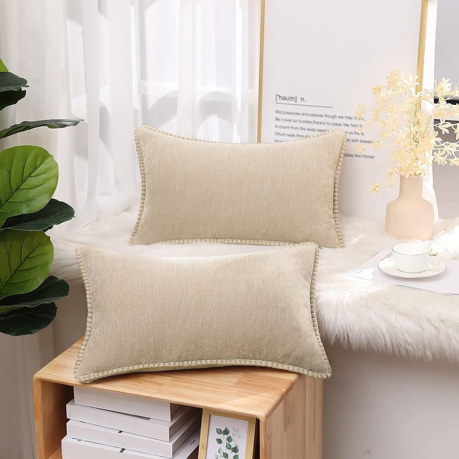 decorUhome Summer Chenille Soft Cozy Throw Pillow Covers 12x20 Set of 2, Modern Farmhouse Boho Velvet Decorative Pillow Cases with Stitched…
