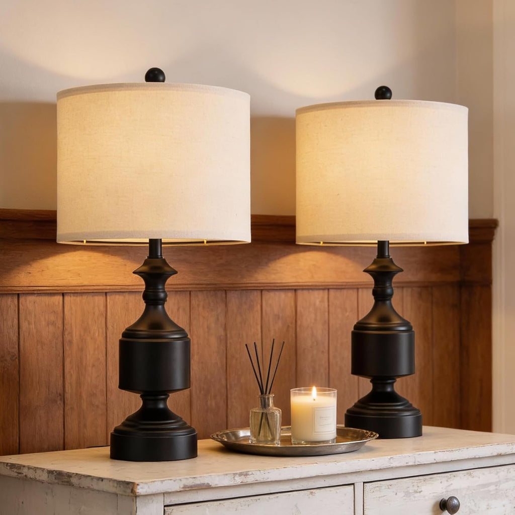 Bobomomo Black Lamps Set of 2-20.5" Farmhouse Metal Table Lamps for Living Room, Traditional Bedside Lamps for Nightstand with Linen Shade,…