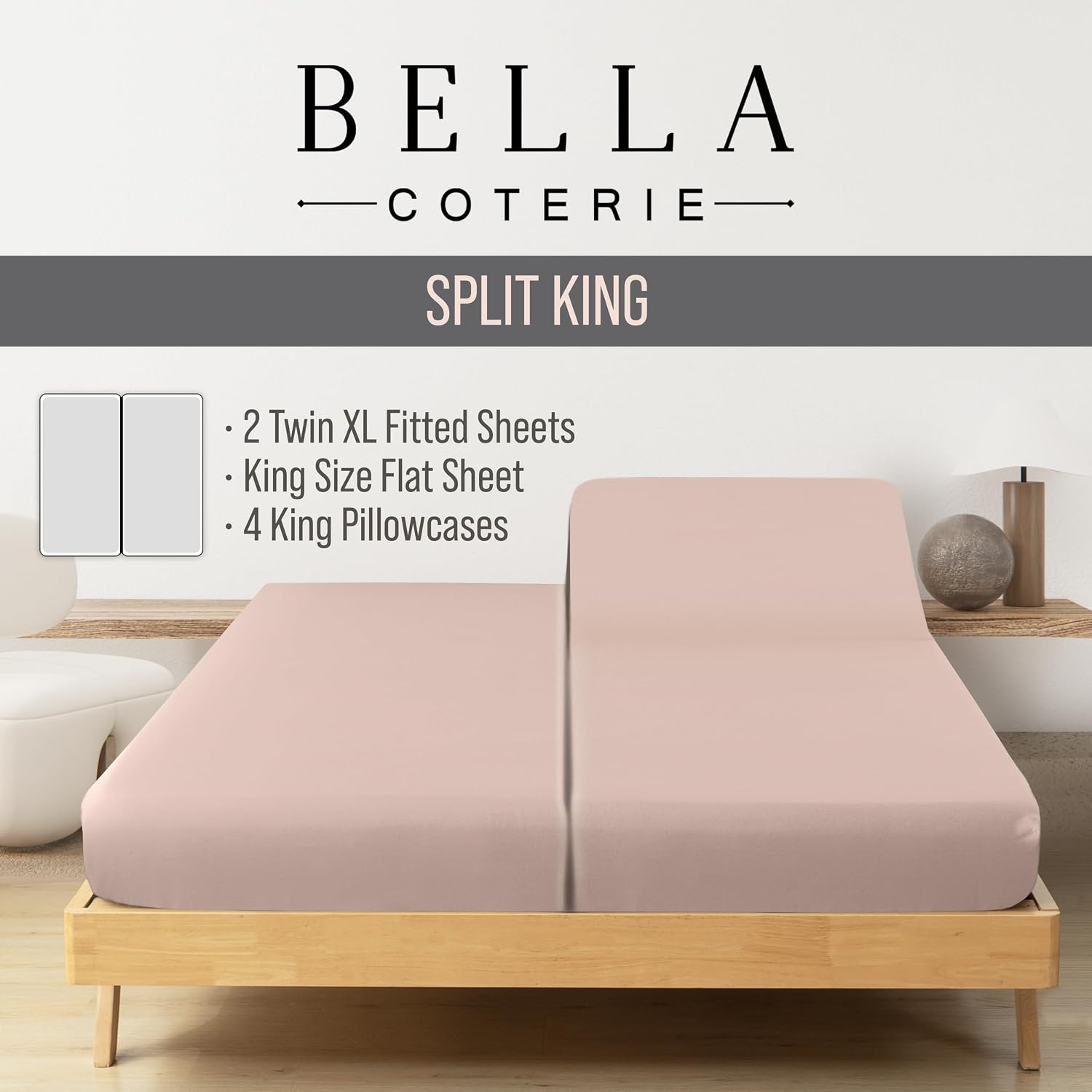 Bella Coterie 7 Piece Luxury Bamboo Viscose Split King Size Sheet Set | 2 Fitted Sheets for Adjustable Beds | 100% Organically Grown |…