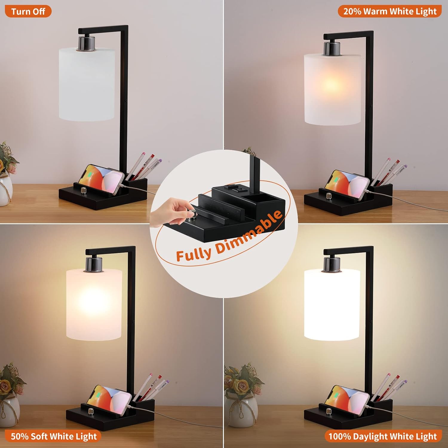 Bedroom Lamps for Nightstand, 3 Color Temperature Nightstand Lamp Bedside Lamps with Dual USB Ports and Outlet, Modern Table Lamp…