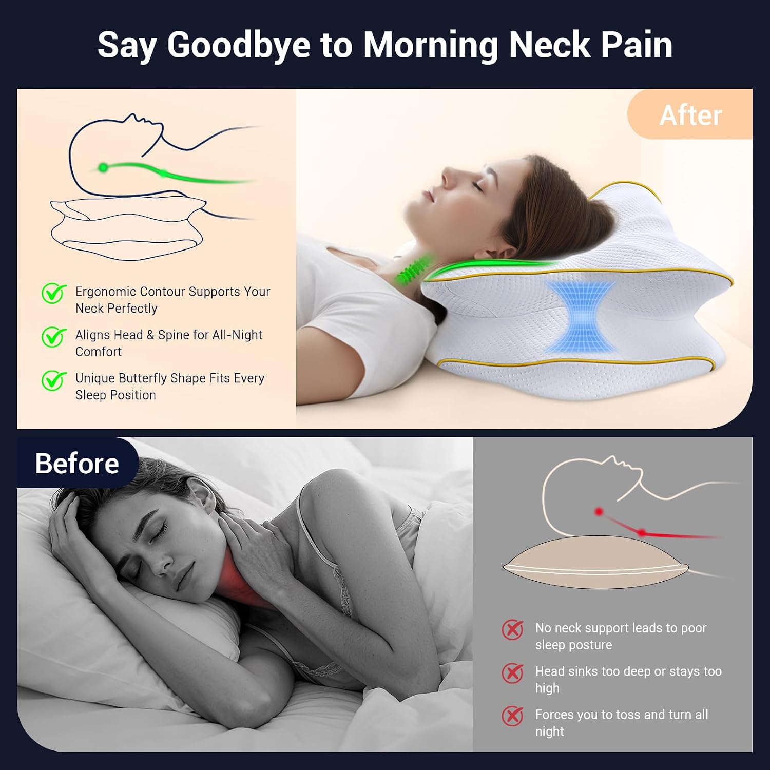 AZBestPro Memory Foam Cervical Pillow for Neck Support &, Butterfly Ergonomic Design – 24×15.75×5.7 Inches, Removable 100% Polyester Pillo…
