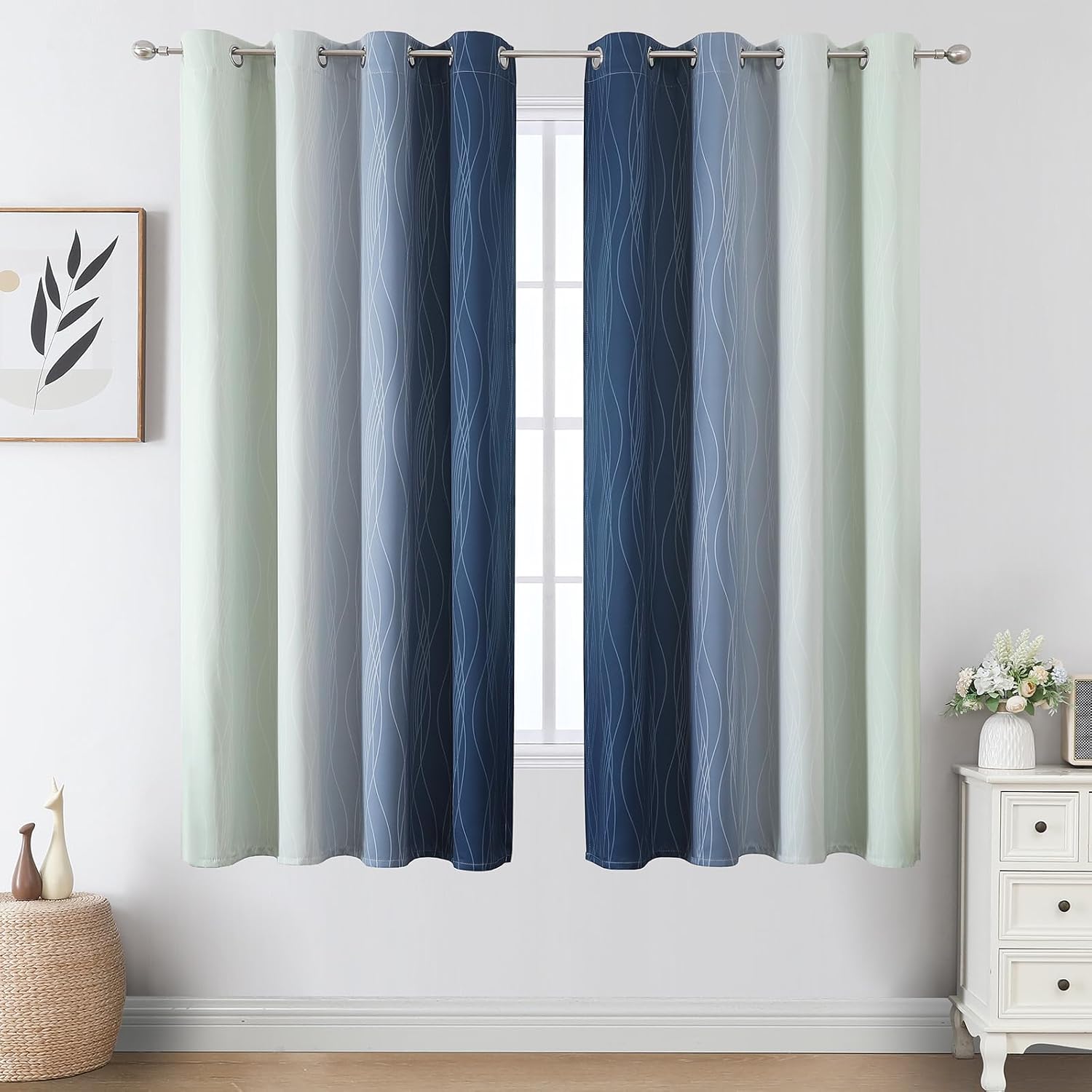 Estelartextiler Estelar Textiler Navy Blue and Sage Green Ombre Blackout Curtains 63 Inch Length 2 Panels, Full Room Darkening Grommet Curt…