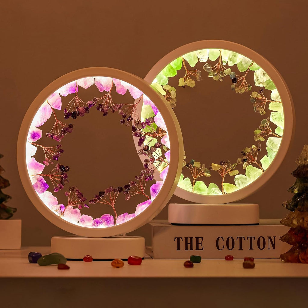 Runyangshi Natural Crystal Green Fluorite Small Tree Round White Frame Tri-Color Ambient Light Home Decoration Night Light Gift for Women