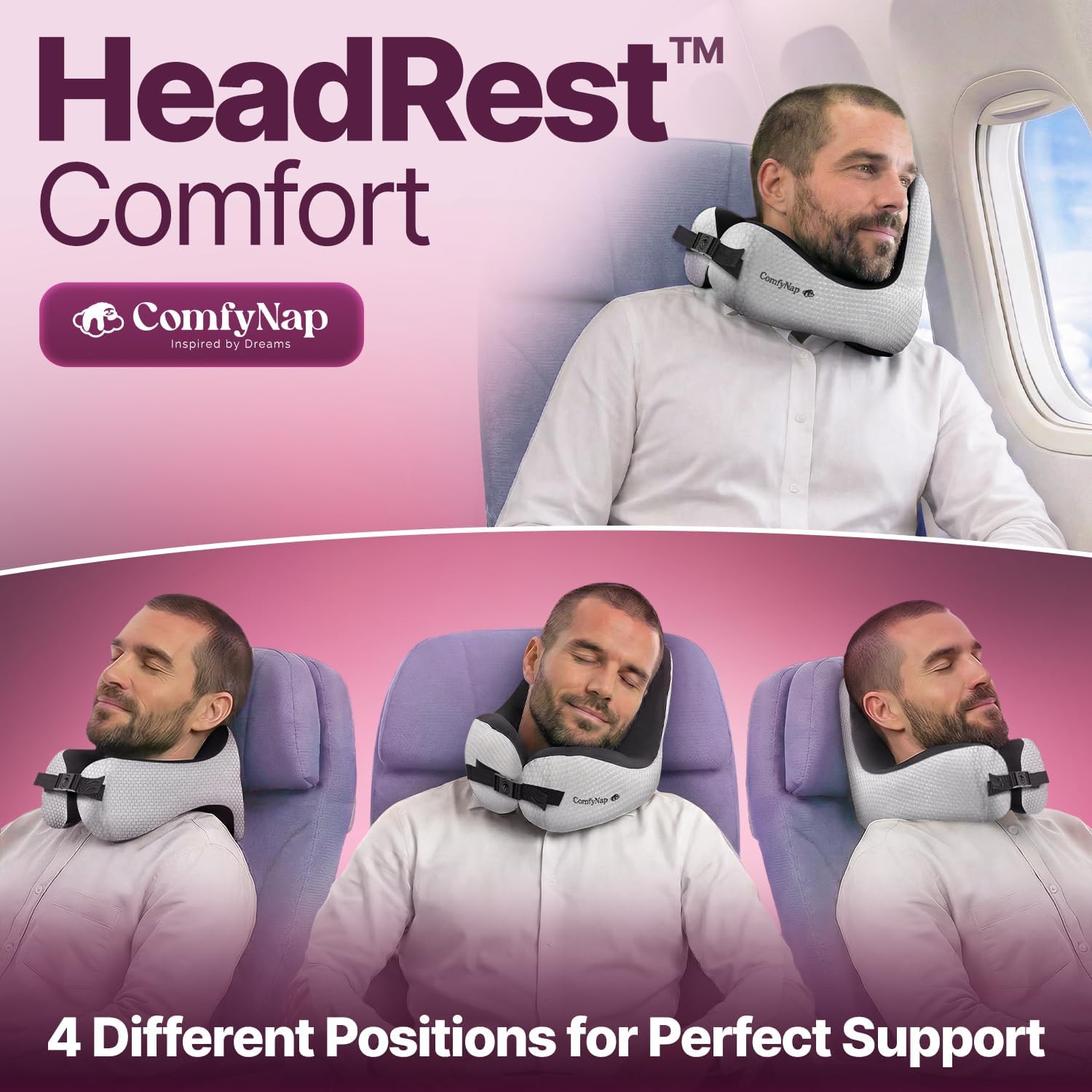 ComfyNap® Versatile Travel Neck Pillow for Airplane [Patented], 9 Positions in 3 Techniques, Plane Pillow with Pure Memory Foam, Travel…