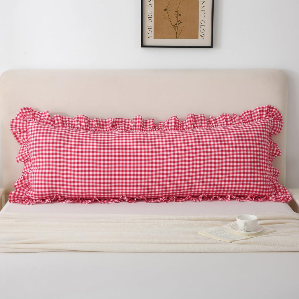 Silnuo Gingham Ruffle Body Pillow Cover, Washed Cotton Red/White Plaid Checkered Long Pillowcase Vintage Pillow Sham-20" x 54" Cotton Red