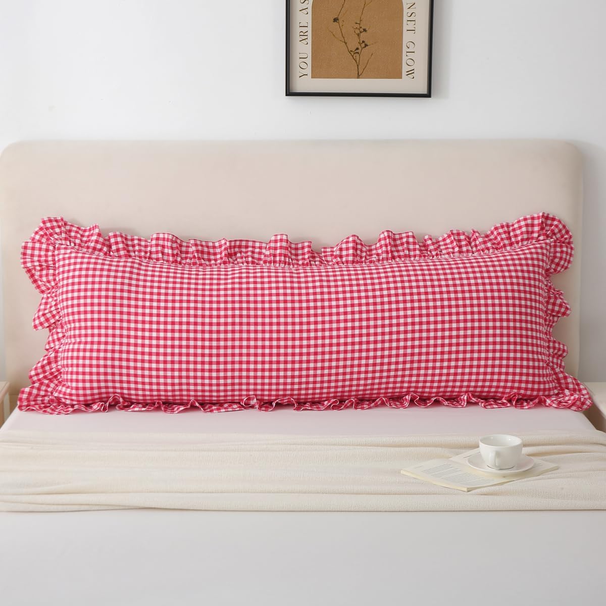 Silnuo Gingham Ruffle Body Pillow Cover, Washed Cotton Red/White Plaid Checkered Long Pillowcase Vintage Pillow Sham-20" x 54" Cotton Red