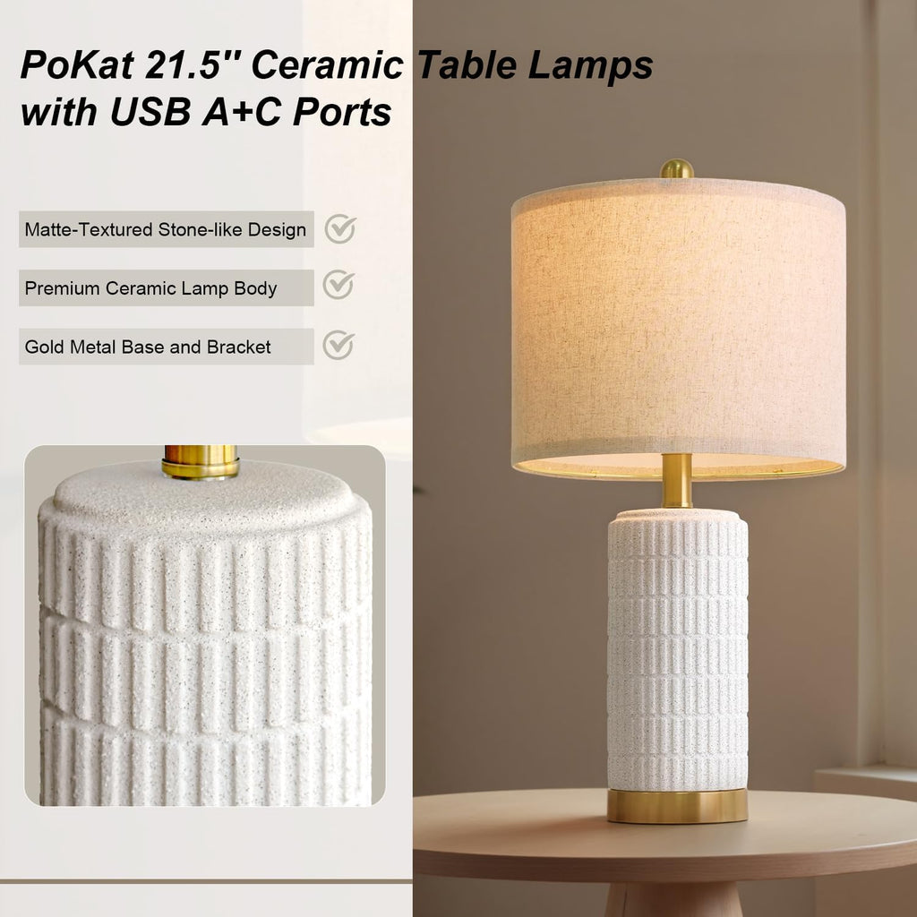 PoKat 21.5'' Stone-Like Bedside Table Lamps Set of 2 for Bedroom with 2 USB A+C, Modern Lamps for Living Room, Ceramic Nightstand Desk…