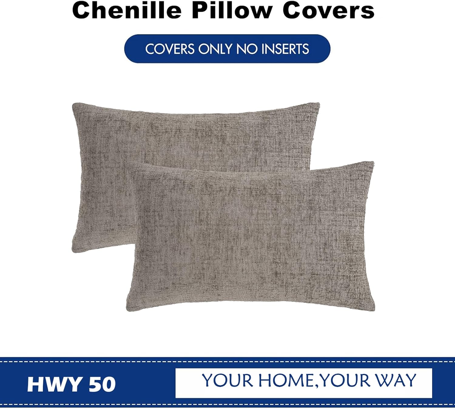 Hwy50 HWY 50 Dark Gray Lumbar Pillow Covers 12x20 Inch Pack of 2, Soft Chenille Decorative Throw Pillow Covers Farmhouse for Couch Sofa Liv…