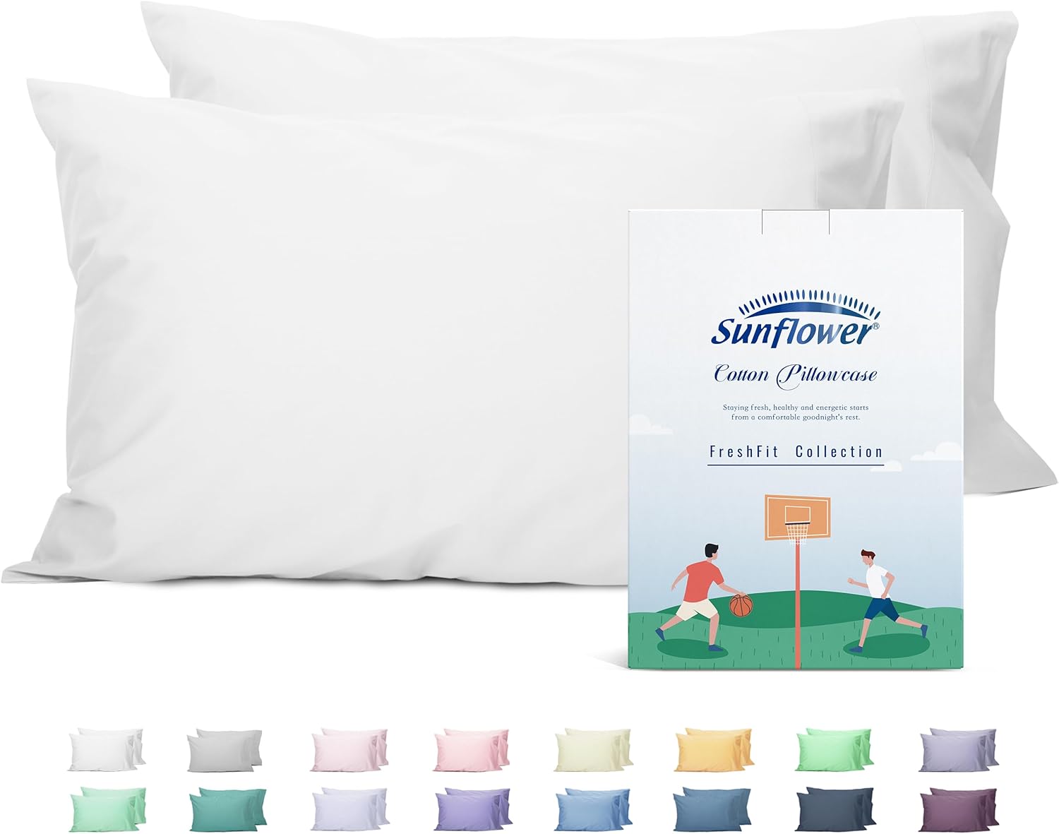 Sunflower King Pillowcases Set of 2, 100% Cotton King Pillow Cases 2, 20×40 inches Bright White, Soft and Breathable