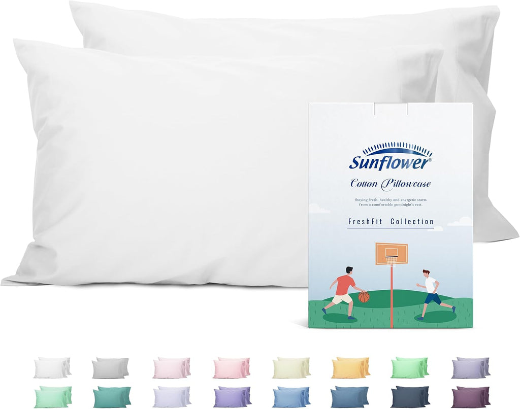 Sunflower Queen Pillowcases Set of 2, 100% Cotton Queen Pillow Cases 2, 20×30 inches Bright White, Soft and Breathable