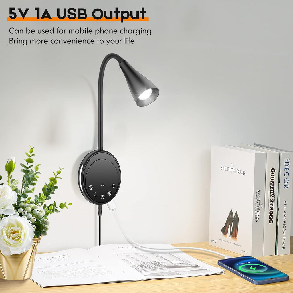 SANKEDOU LED Wall Mount Reading Light, Bedside Reading Lights with Touch Control, 5 Dimmable, USB Output, Night Light & Timers, Flexible…