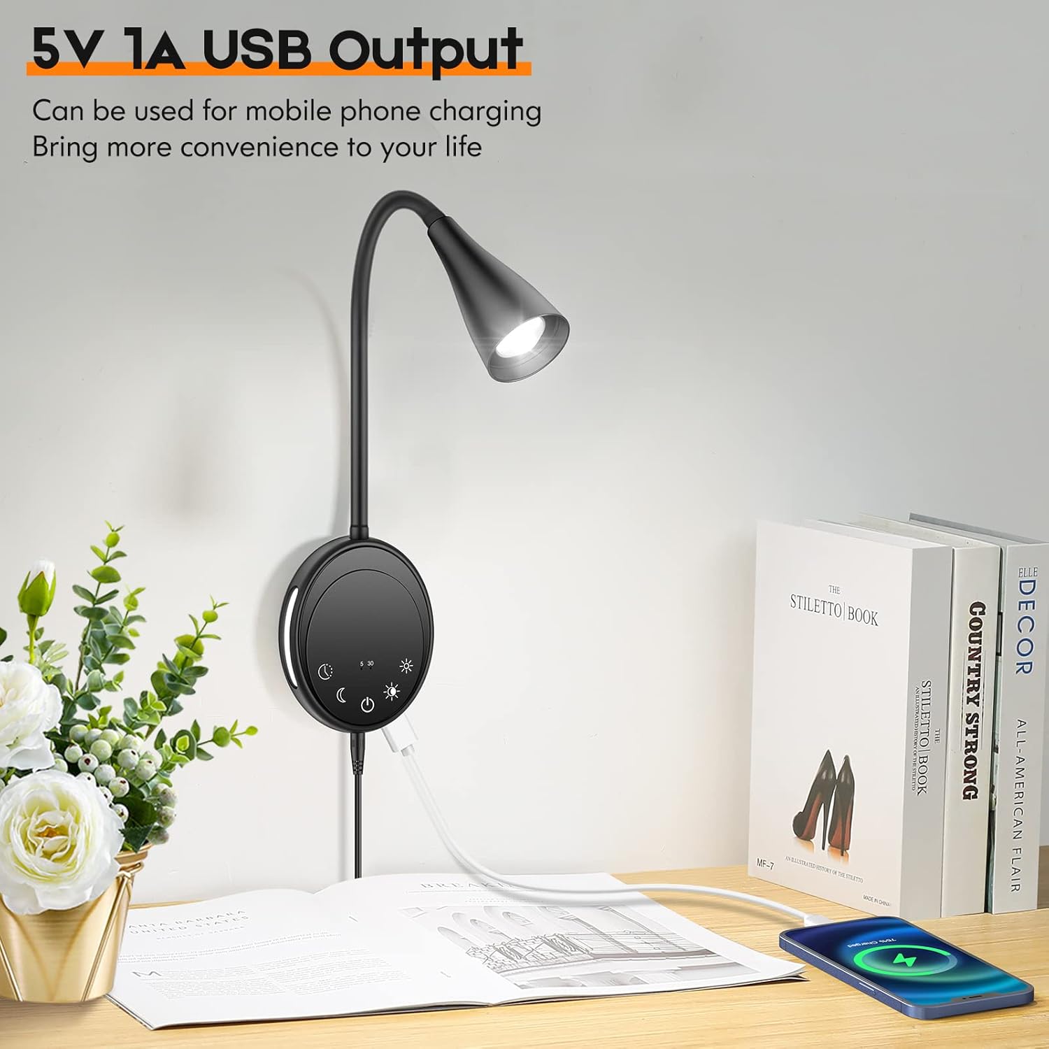 SANKEDOU Wall Mounted Reading Light, Bedside Headboard Lights with 5 Dimming & Color Temperature, USB Output, Night Light & Timers…