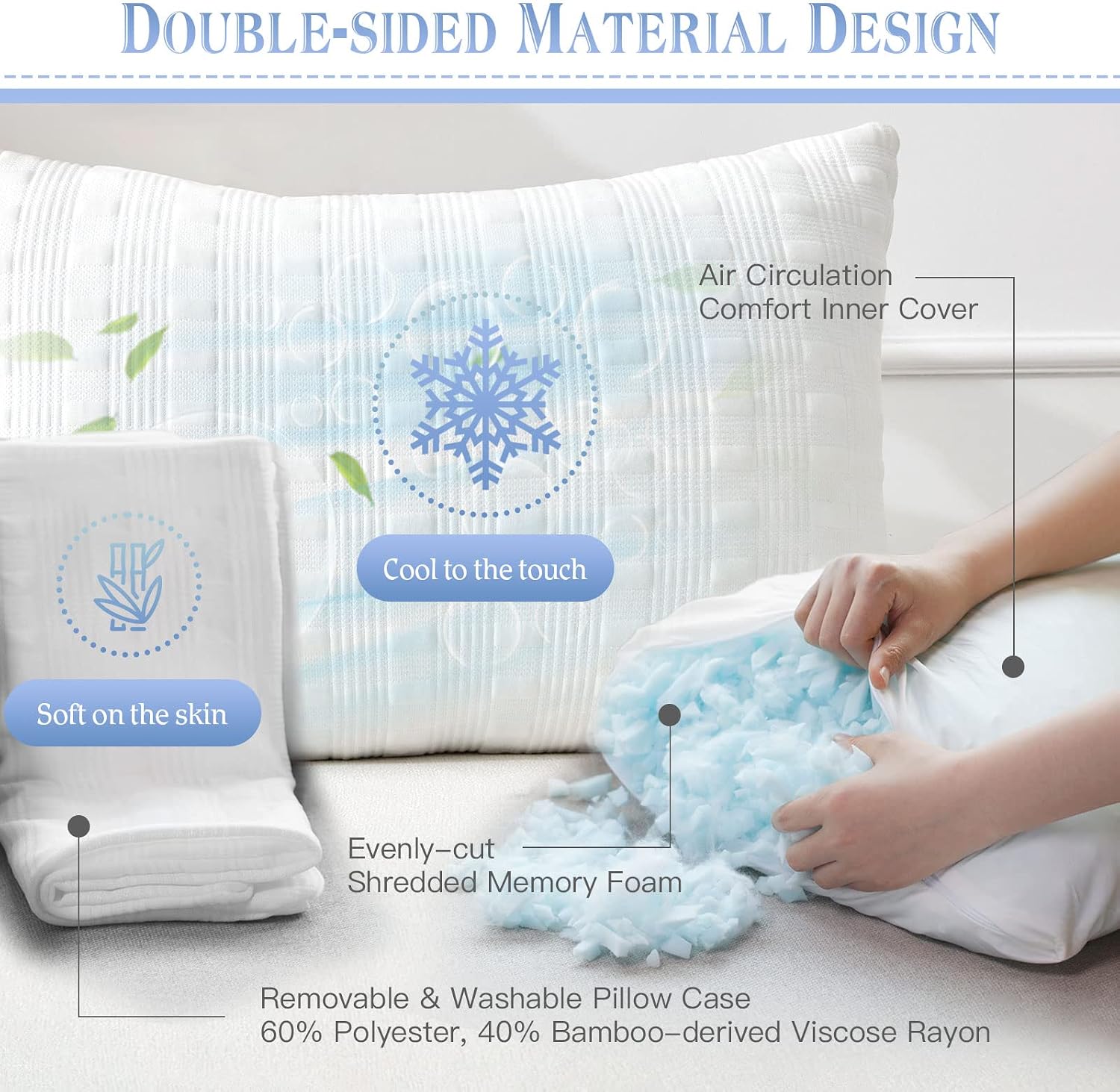 Meoflaw Cooling Pillows for Sleeping Queen Size, Shredded Memory Foam Bed Pillow with Double Sided Material Pillow Case, Adjustable…