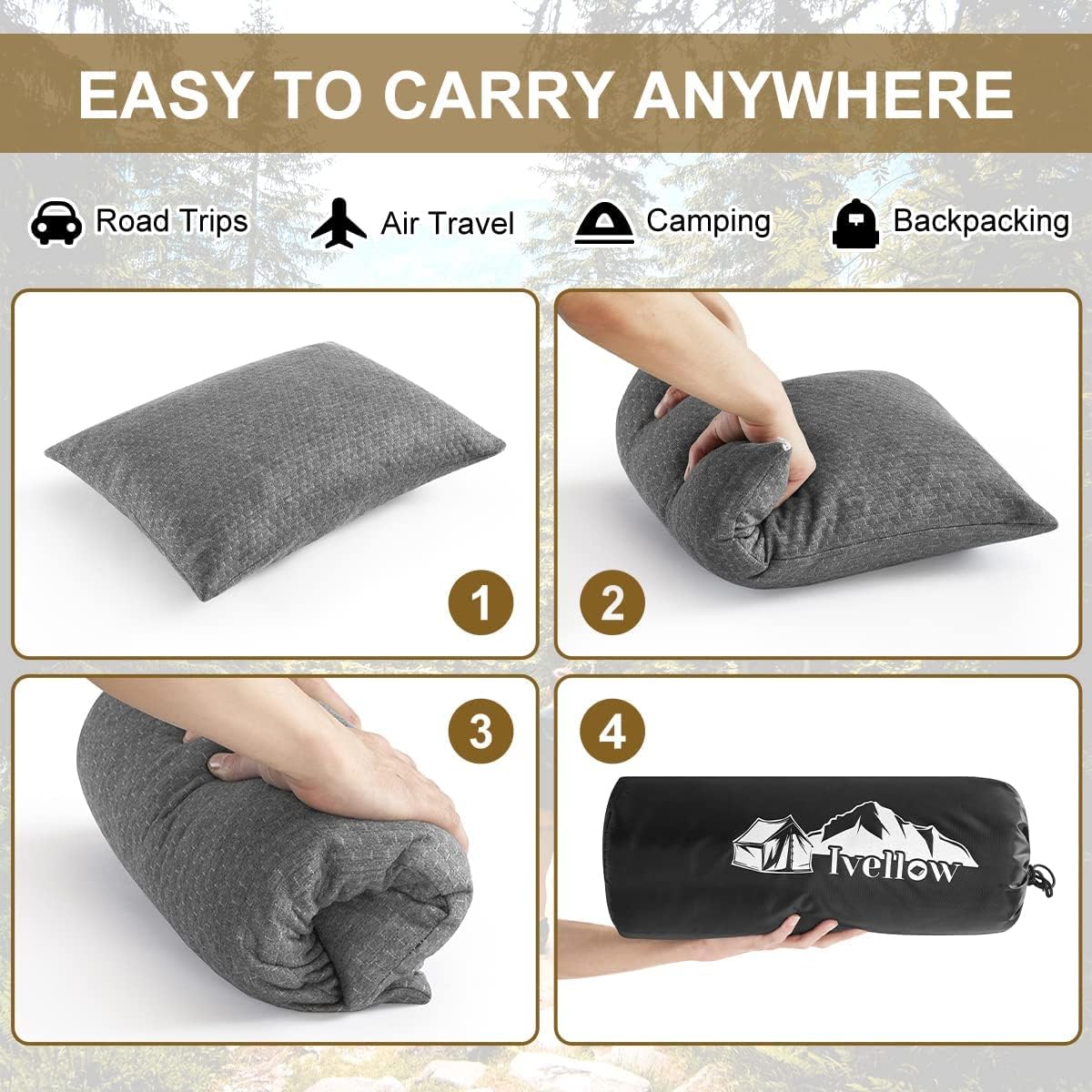 Ivellow Travel Pillow Camping Pillow for Sleeping Small Shredded Memory Foam Pillow Compressible Compact Medium Firm, Soft Breathable Cover…