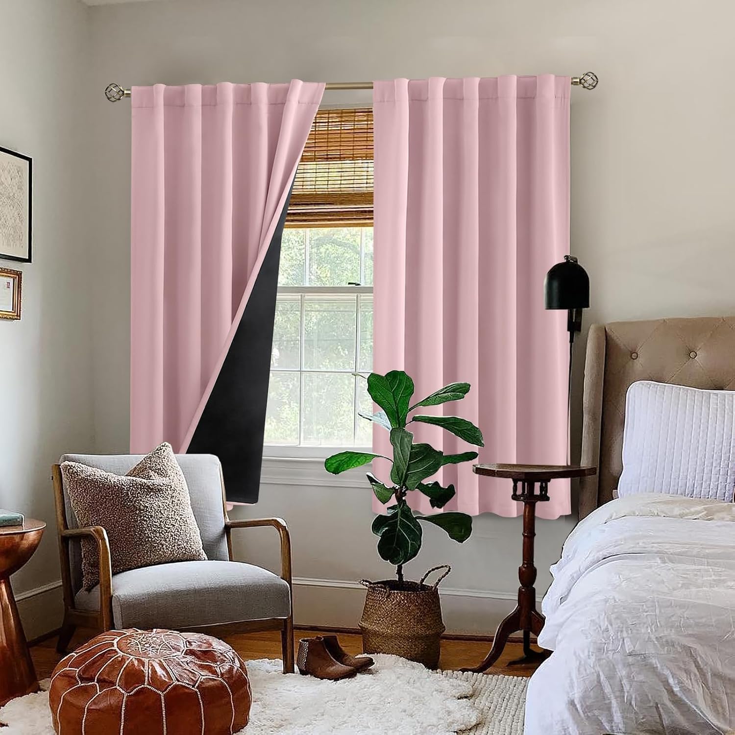 BGment Pink 100% Blackout 63 Inch Curtains 2 Panel Set with Black Liner, Rod Pocket and Back Tab Double Layer Thermal Insulation Room…