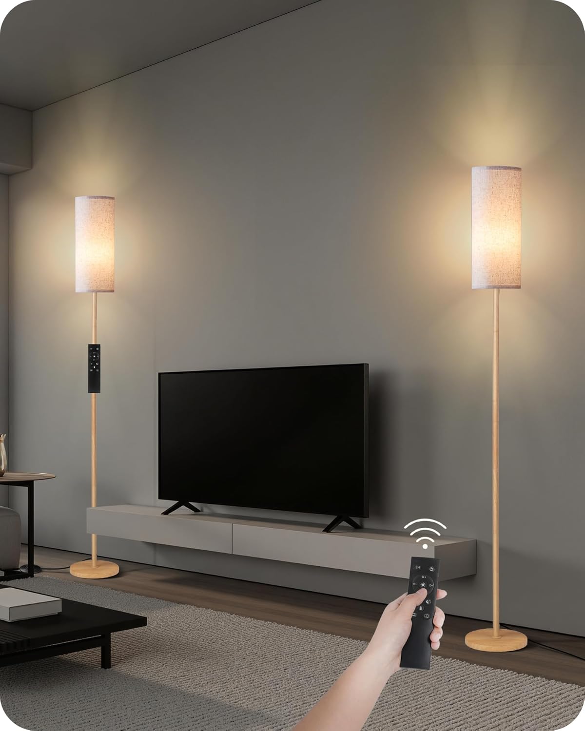 2 Pack Wooden Textured Pole Lamps, Dimmable Floor Lamp for Living Room with Remote and Foot Switch, 64.4” Standing Tall Lamp, Corner…