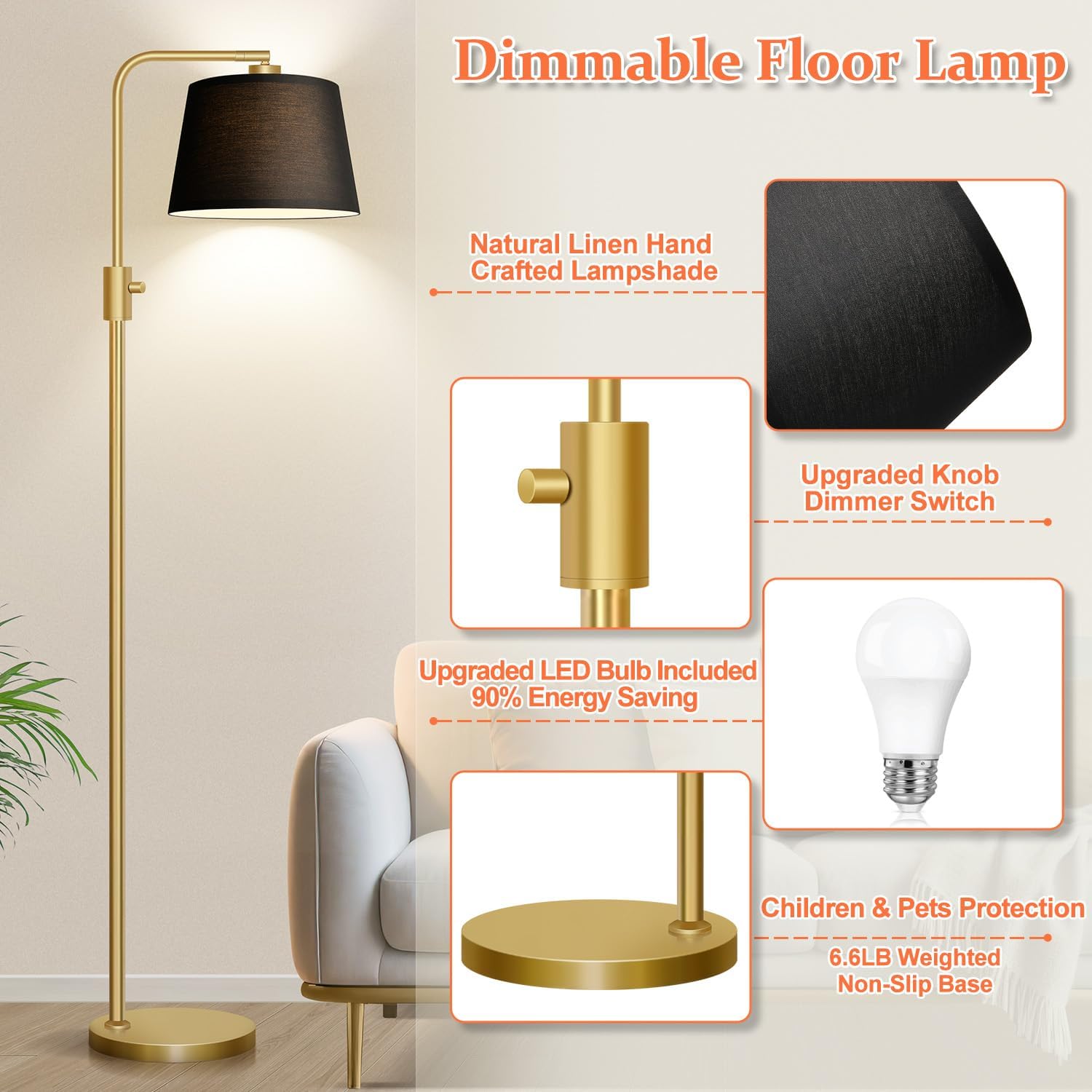 Nintiue Dimmable Gold Floor Lamp, 1000 LM LED Edison Bulb Included, Arc Floor Lamps for Living Room with Black Shade, Modern Standing…