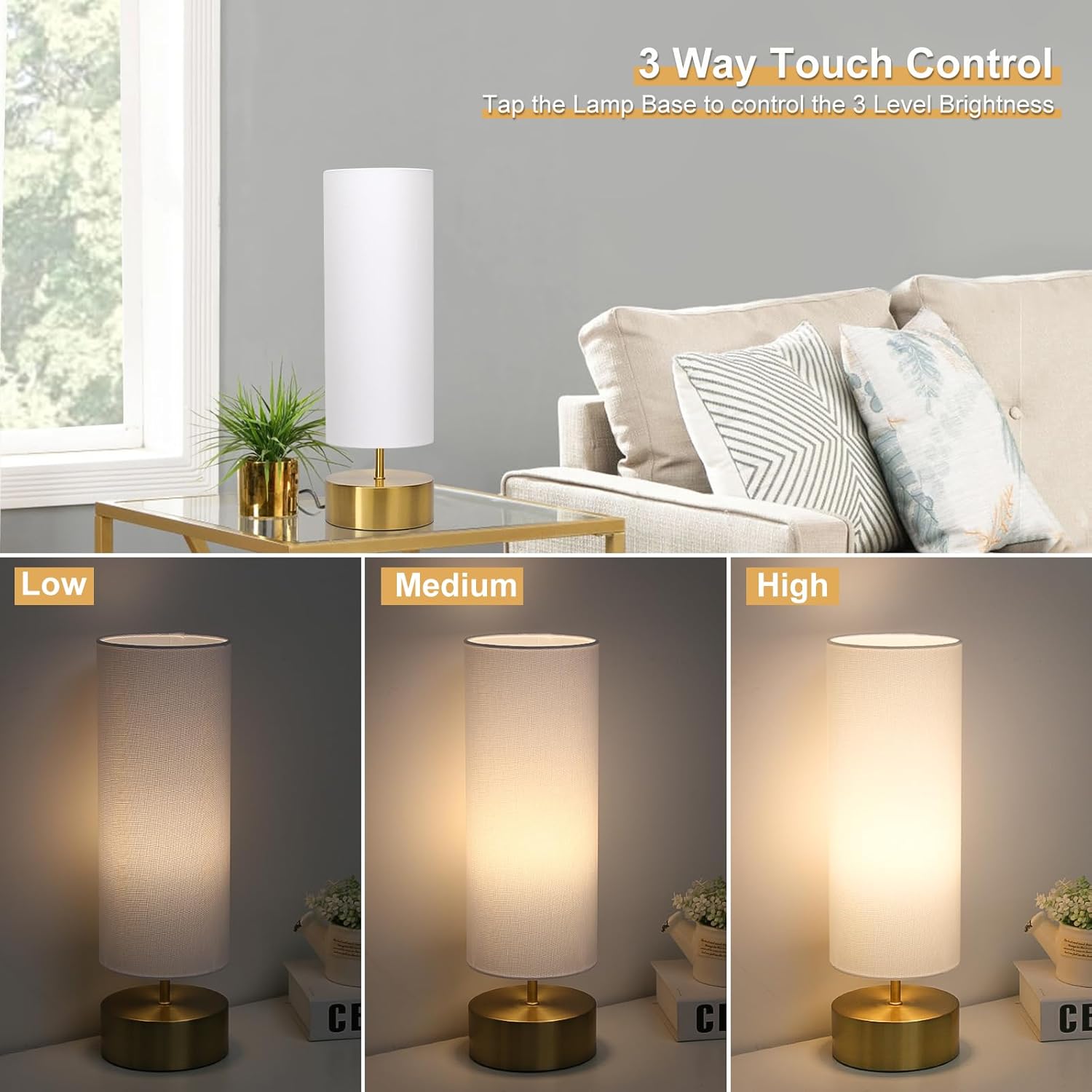 3-Way Dimmable Table Lamp, Touch Control Nightstand Lamp with White Lampshade, Gold Modern Bedside Touch Lamp Simple Side Table Lamp…