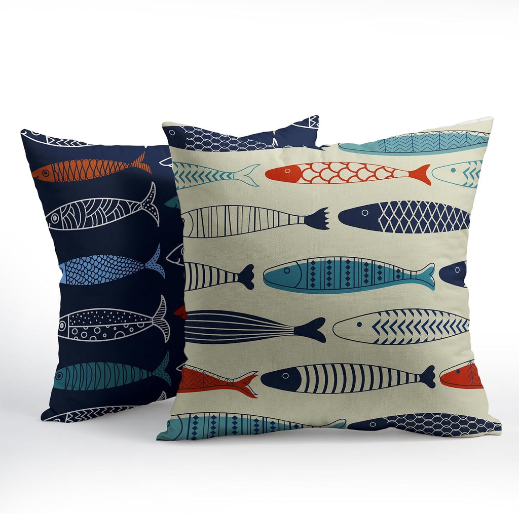 Fish Throw Pillow Covers Decorative Cotton Linen Pillowcases 24x24 inch Colorful Fish Pillow Case Set of 2 Nautical Theme Square Cushion…