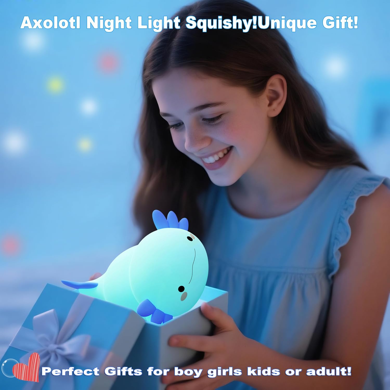 HAPPYBAG Axolotl Night Light, Cute Axolotl lamp Gifts for Kids, Dimmable Silicone Animal Nursery Night Light, Kawaii Rechargeable Bedside…