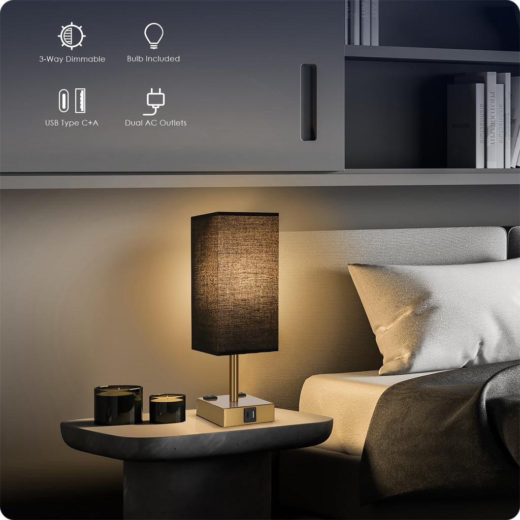 Bedside Lamp with USB Ports - Touch Control Table Lamp for Bedroom with USB C+A Charging Ports & AC Outlets, 3 Way Dimmable Nightstand…