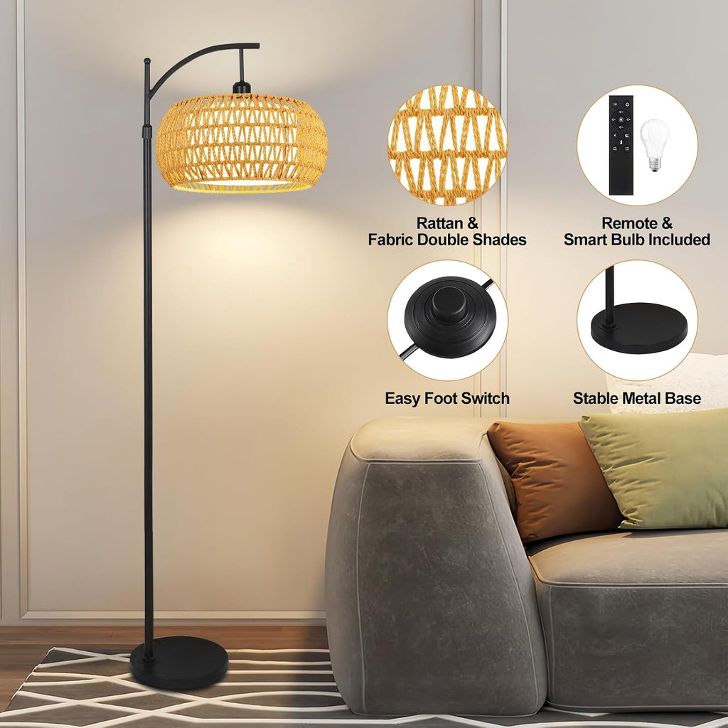 Arc Floor Lamps for Living Room Rattan Boho Floor Lamp with Remote Control, Dimmable LED Floor Lamp Wicker Lamp Shades Black Standing Lamp…