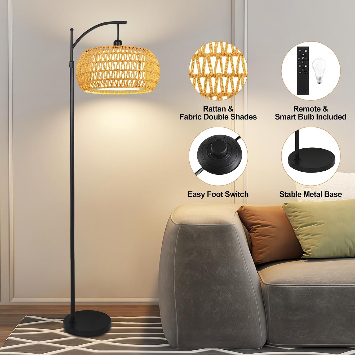 Arc Floor Lamps for Living Room Rattan Boho Floor Lamp with Remote Control, Dimmable LED Floor Lamp Wicker Lamp Shades Black Standing Lamp…