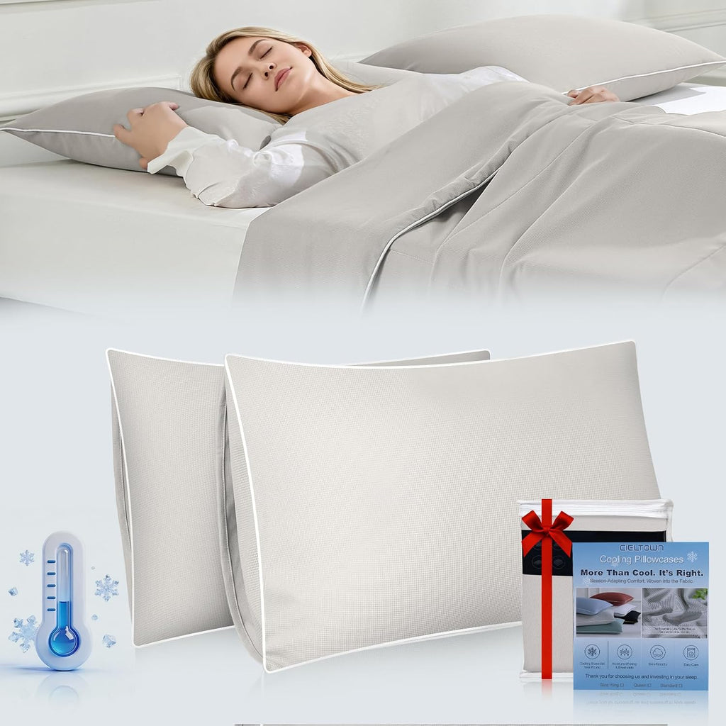 Cieltown Cooling Pillow Cases for Hot-Sleepers: Q-Max ≥0.4 Nylon Spandex Cool-to-Touch for Night Sweats - Waffle Weave for Dry & Com…