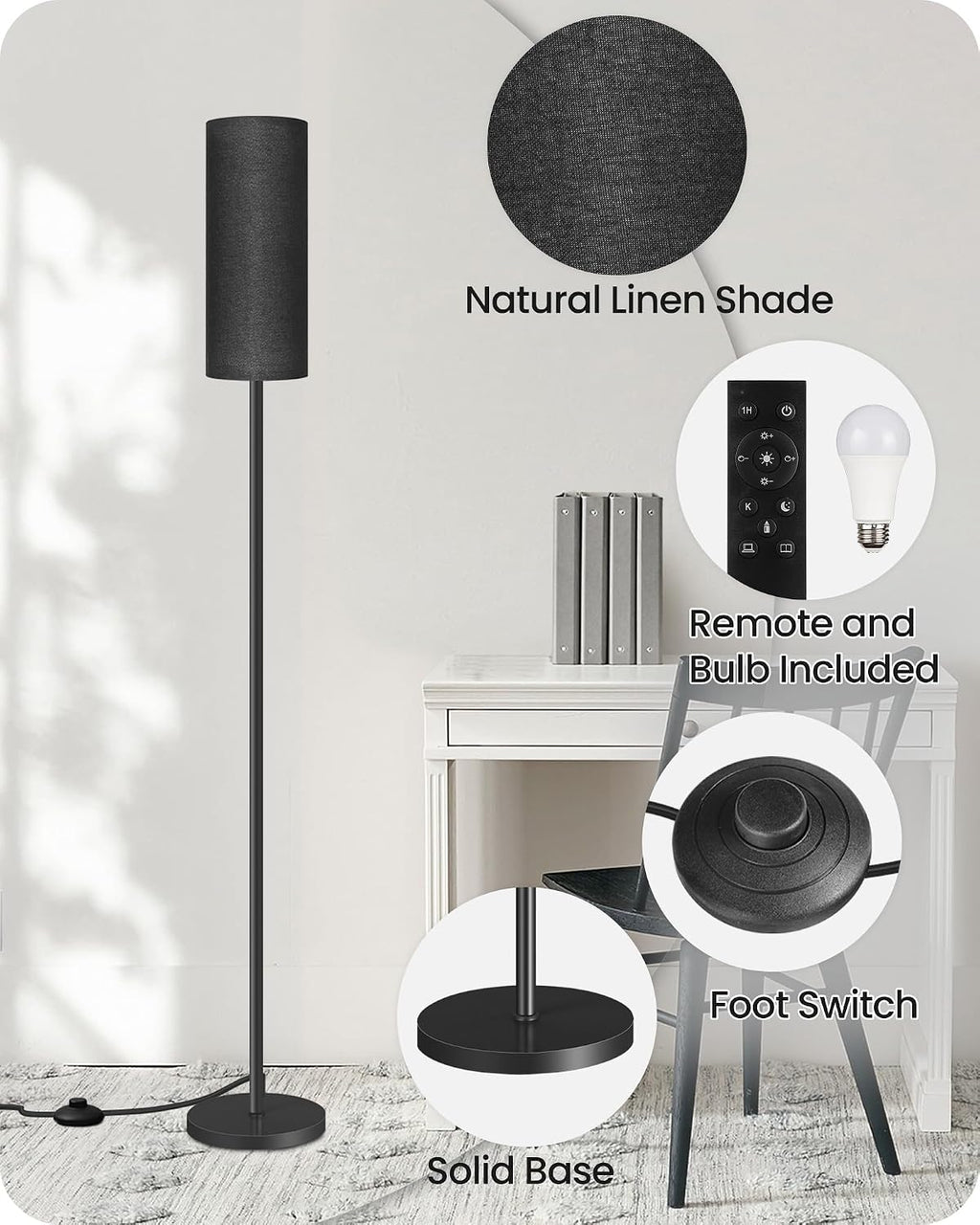 Dimmable Black Floor Lamp for Living Room with Remote and Foot Switch, Corner Floor Lamp for Bedroom, Modern Standing Tall Lamp, 10W…