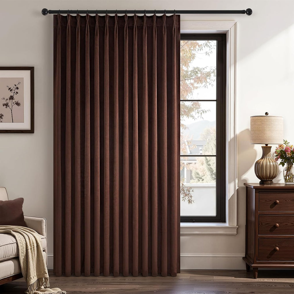 Drapenova Brown Velvet Curtains 84 Inch Length for Living Room Bedroom Soft Velvet Modern Boho Blackout Pinch Pleated Drapes with Ho…