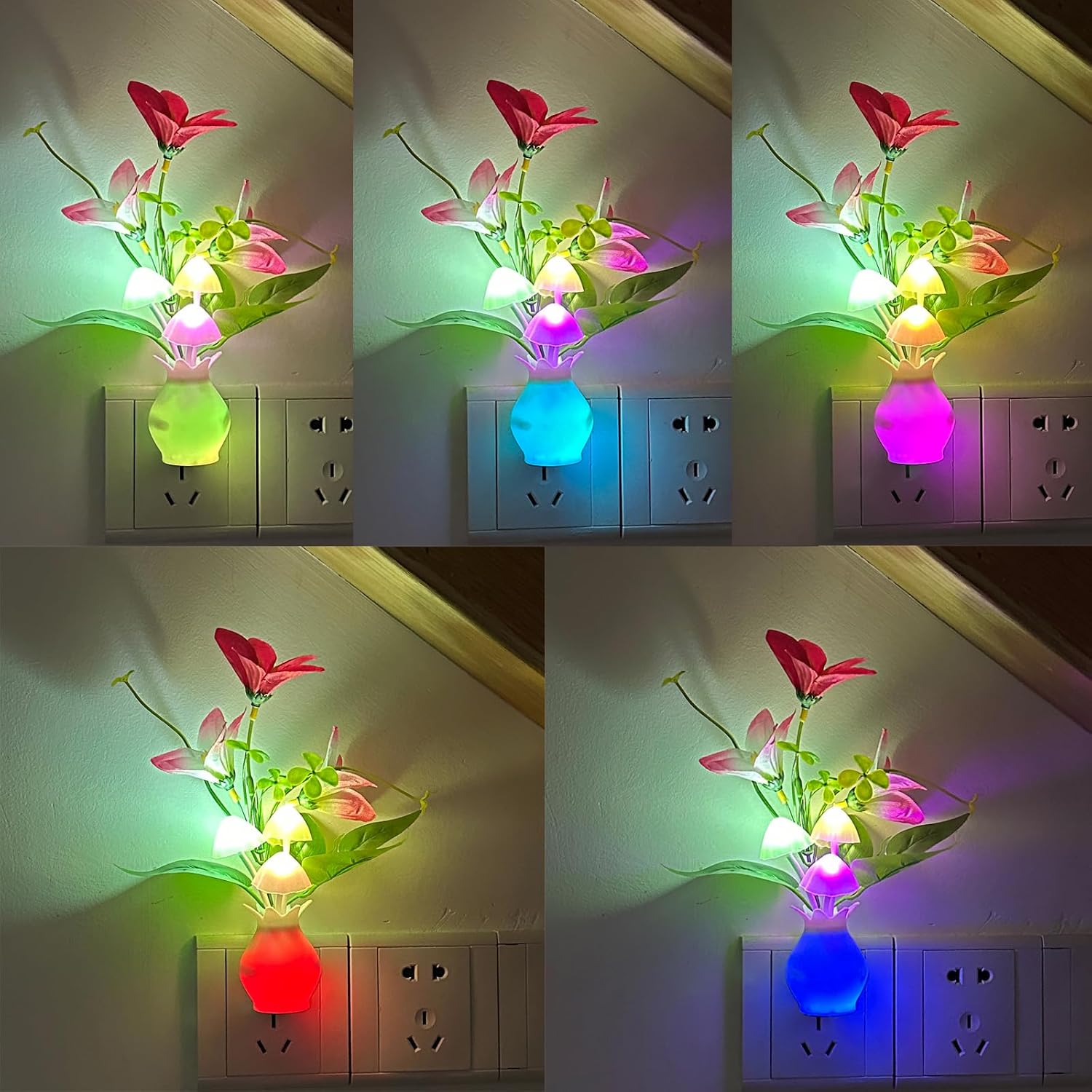 Plug-in Night Light with Auto Light Sensor, RGB LED Mushroom Night Light Wall Based Flower Lamp 1W Energy Efficient Nursery Nightlight…