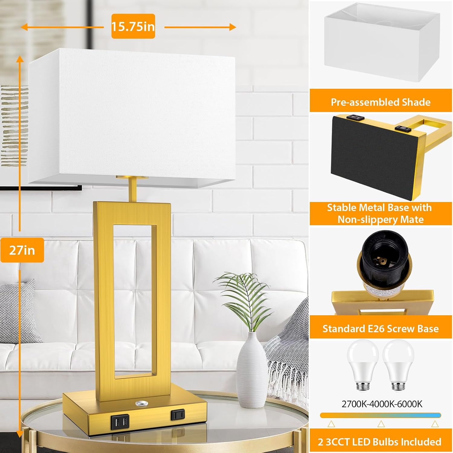 Table Lamps for Bedrooms Set of 2, 27.2’’ Super Tall Modern Gold Lamps for Living Room Nightstand End Tables, Button Touch Control…