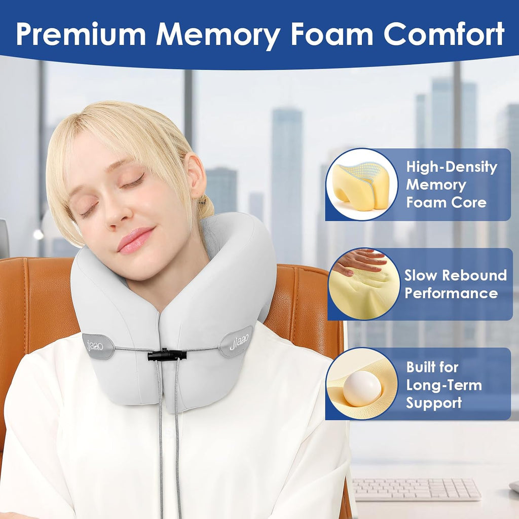 jiaao Travel Pillow Memory Foam Neck Pillow for Airplanes with Adjustable Drawstring Support, Gray Travel Neck Pillow for Flights, Road Tri…