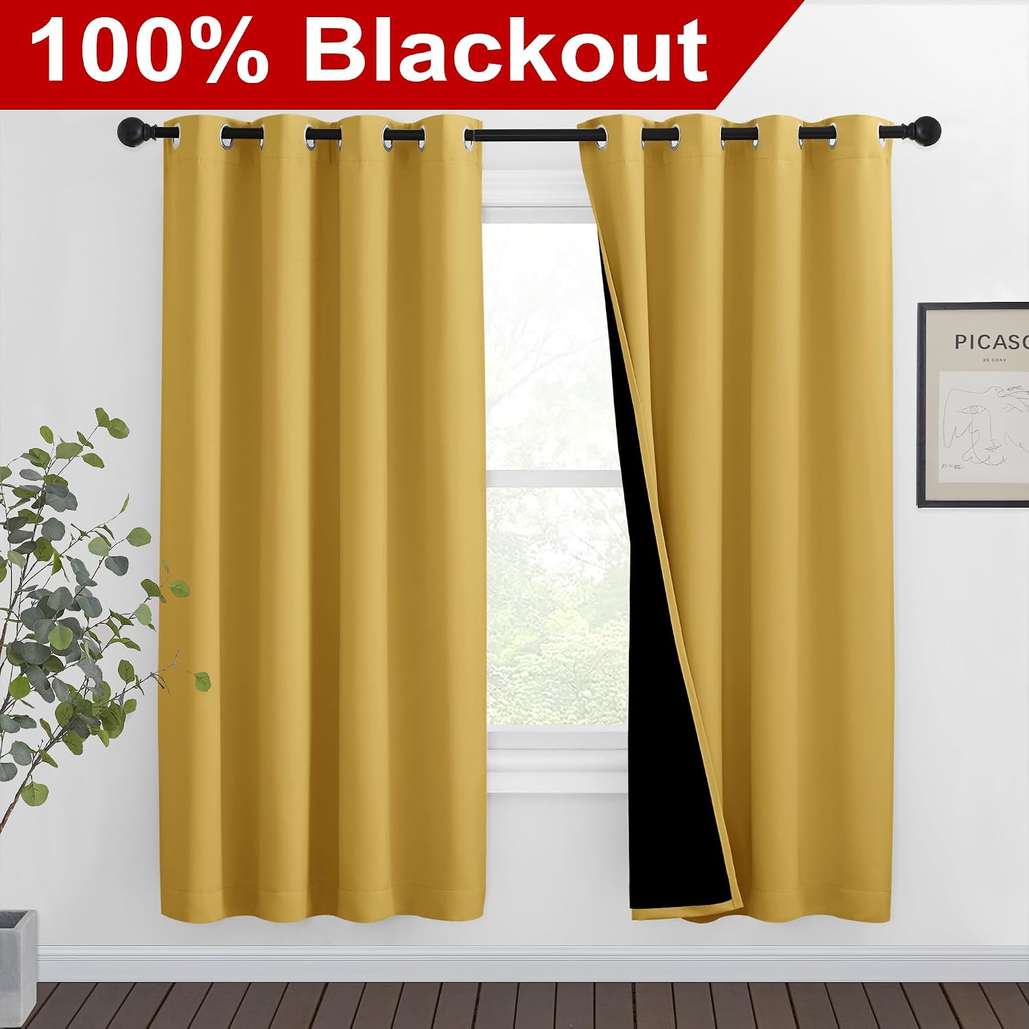 Nicetown Bright Yellow Full Shade Curtain Panels, Pair of Thermal Insulated & Energy Efficiency Blackout Drapes for Living Room Windows, Li…