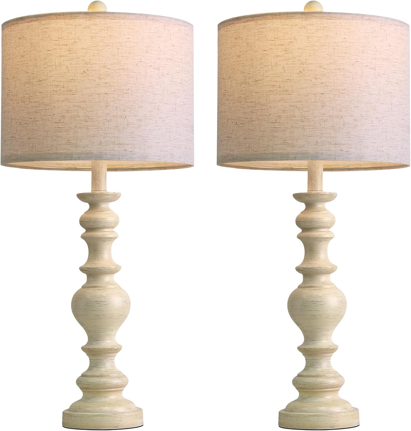 BOBOMOMO 27" Antique White Table Lamps Set of 2, Large Vintage Resin Lamps with Linen Shades, Farmhouse White Lamps for Bedroom, Living…