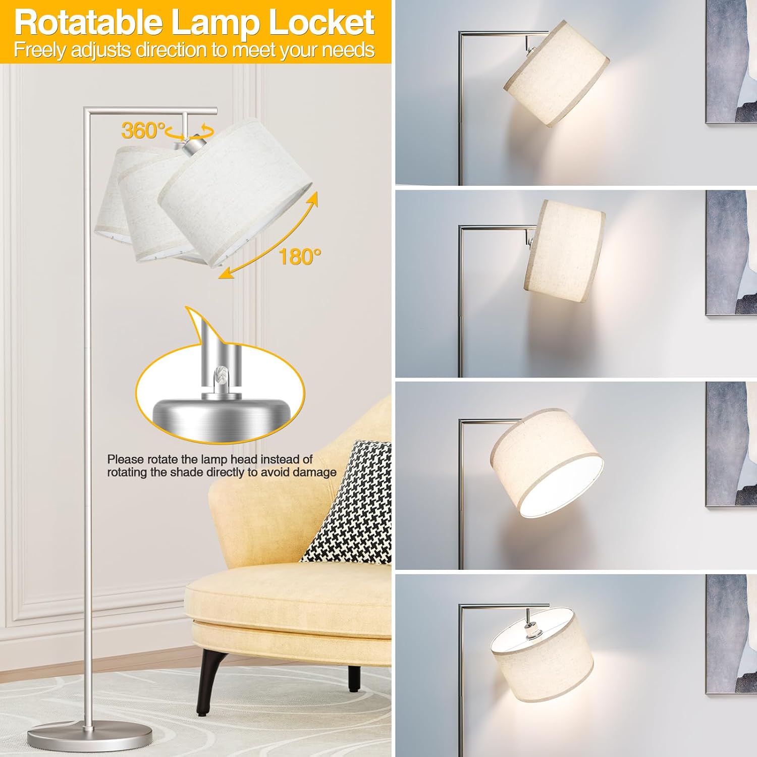 Floor Lamp for Living Room with 3 Color Temperatures Standing Lamp with Adjustable Beige Linen Lampshade Tall Lamps for Bedroom Office…