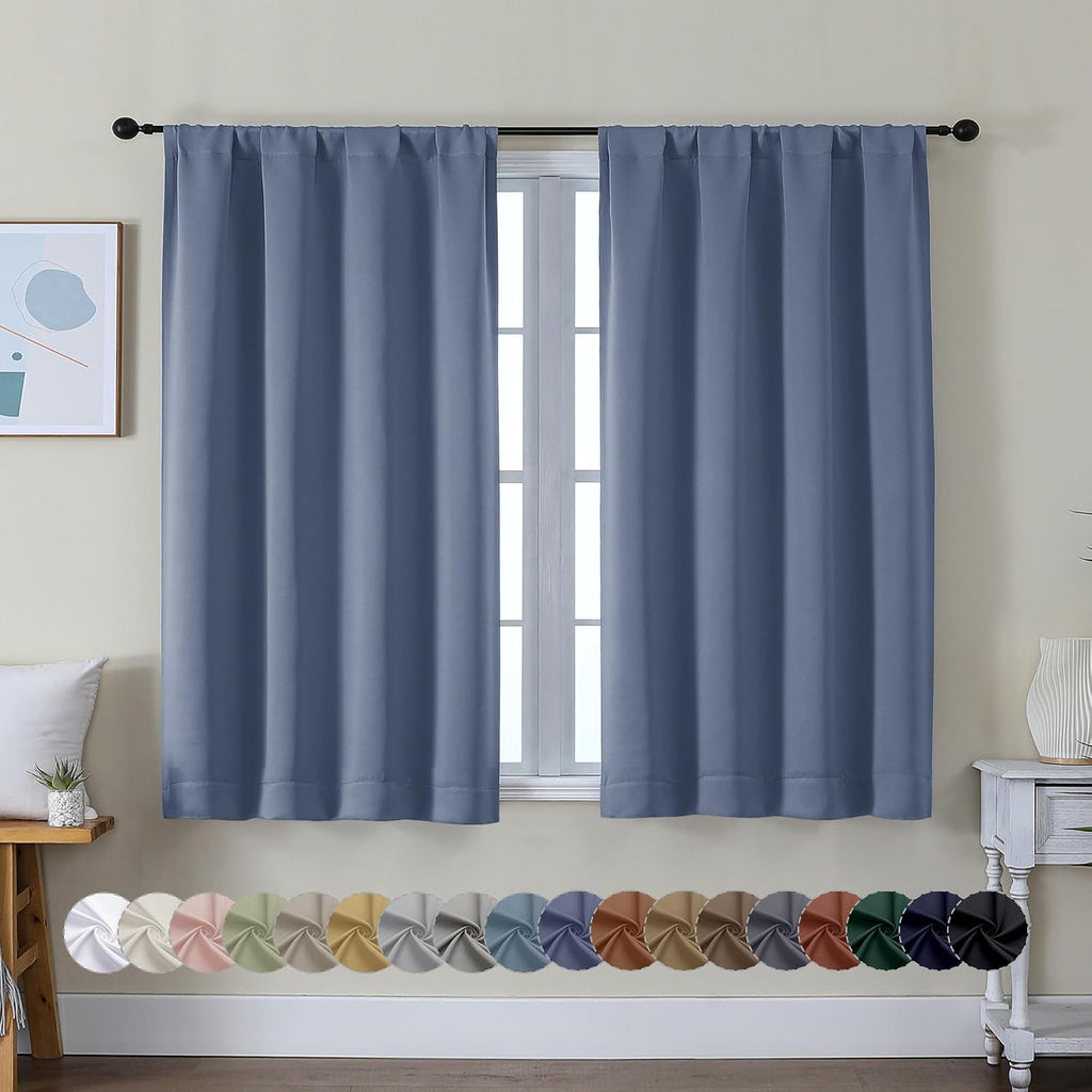 Simplebrand Ava Denim Blue Short Blackout Curtains for Bedroom 45 Inches Long 2 Panels Set, Solid Thermal Insulated, Energy Saving Window T…
