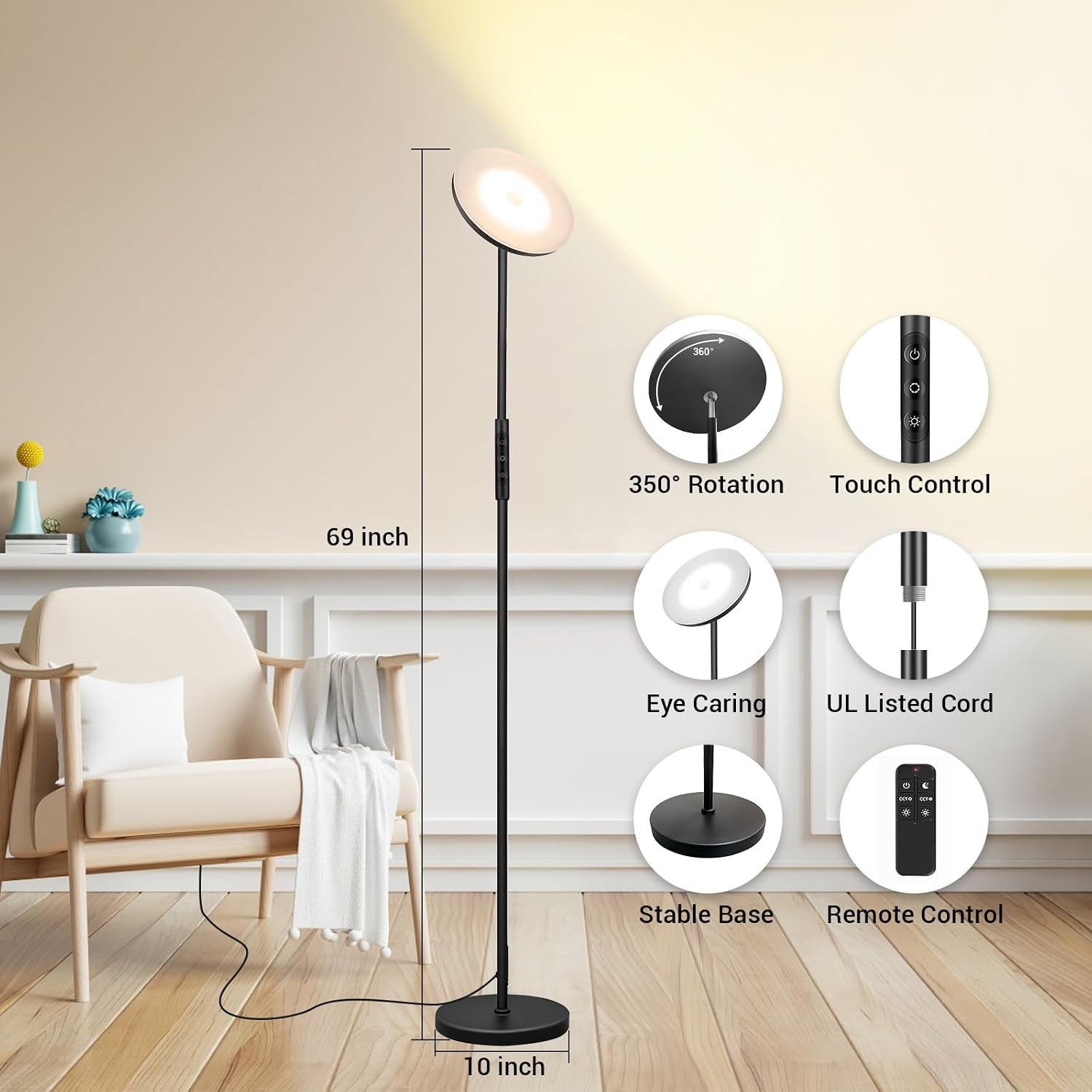 Marctronic Upgraded Torchiere Floor Lamp,36W 3600LM Super Bright LED Floor Lamp for Living Room Bedroom Office, Dimmable Modern Standing Ta…