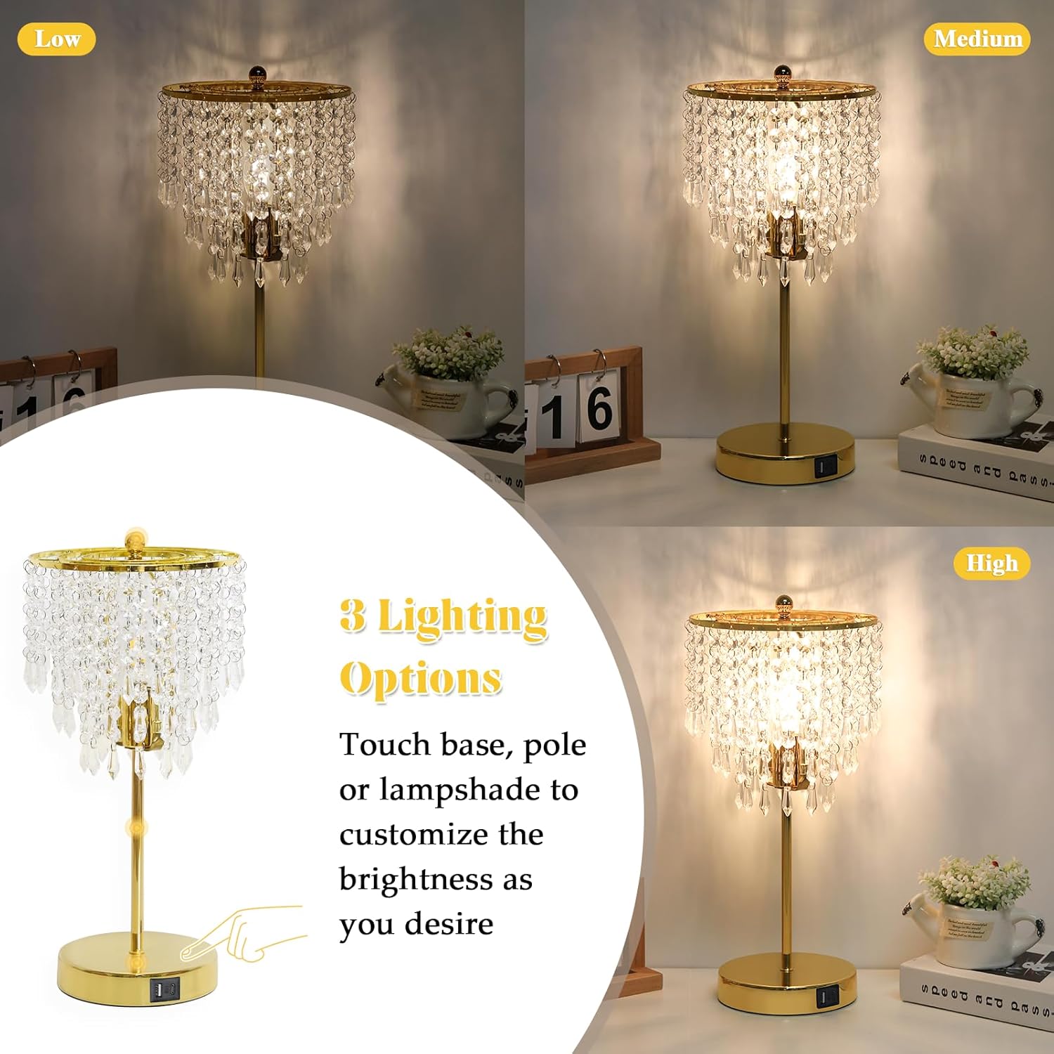 Touch Control Crystal Table Lamp with USB C+A Ports, 3-Way Dimmable Gold Lamp, Bedside Light with Crystal Shade, Girls Lamp for Bedroom…