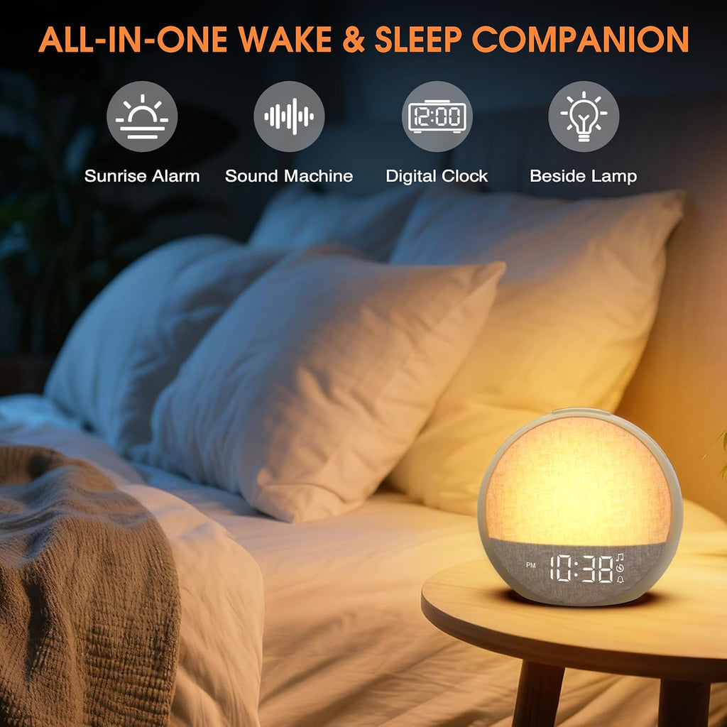 Sunrise Alarm Clock, White Noise Sound Machine with 30 Soothing Sounds, Dimmable Night Light, Natural Sunlight Lamp Gentle Wake Up Light…