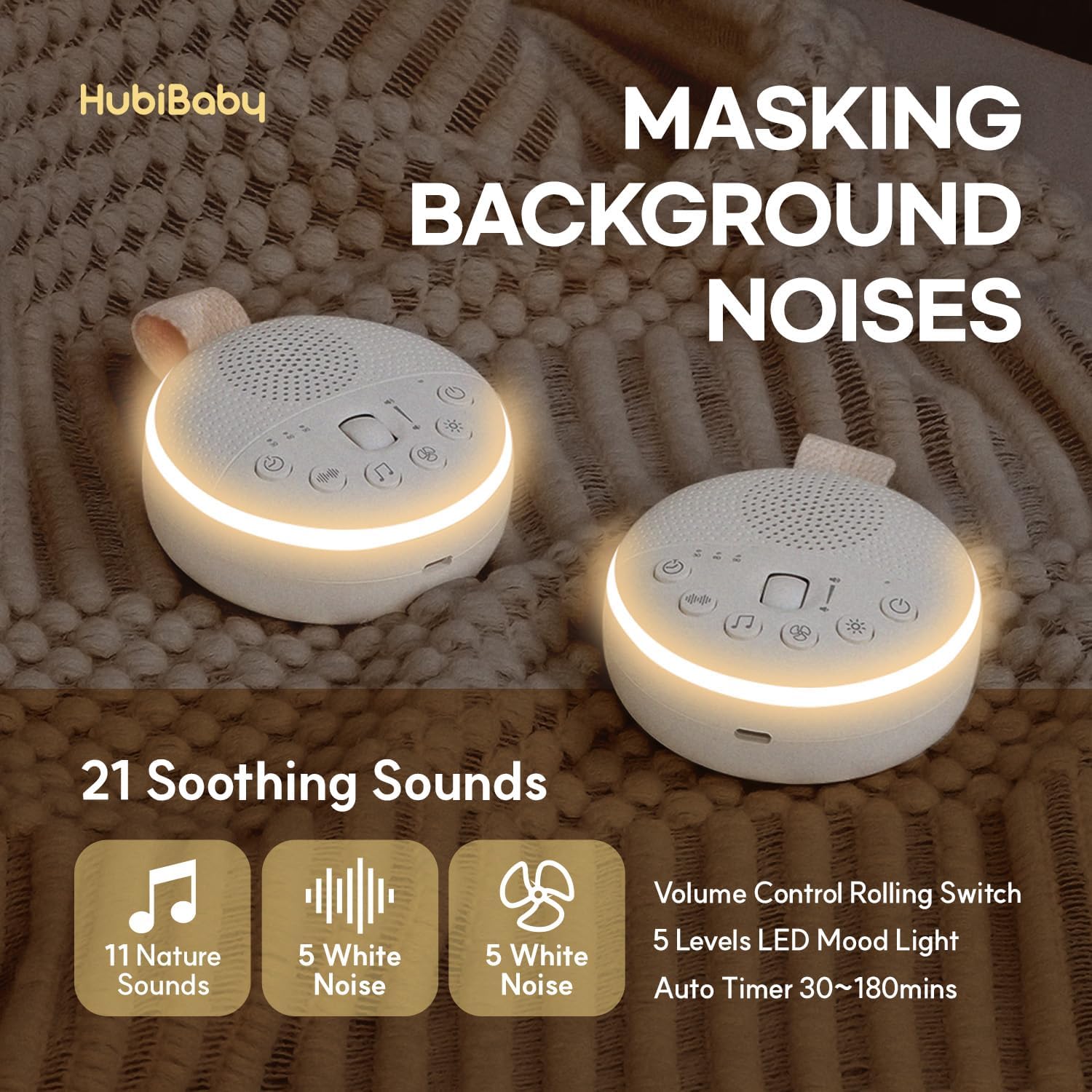 HuBDIC HubiCare White Noise Machine, Portable Sound Machine with 21 Soothing Sleep Sounds, Long-Lasting Battery, Gentle LED Mood Light, Tra…