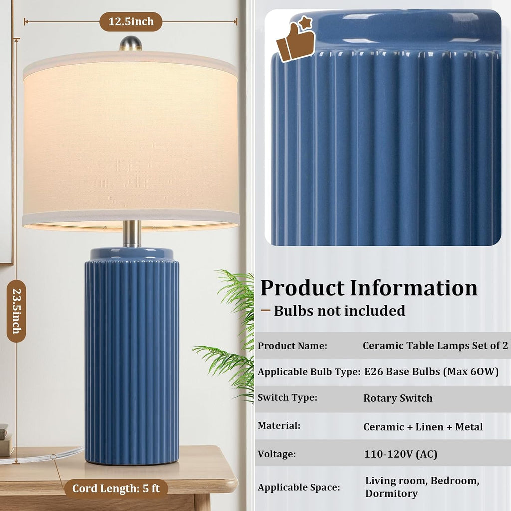 Tobusa 23.5’’ Blue Table Lamps for Bedroom Set of 2, Modern Farmhouse Ceramic Bedside Nightstand Lamps for Living Room, Decorative Boho Cer…