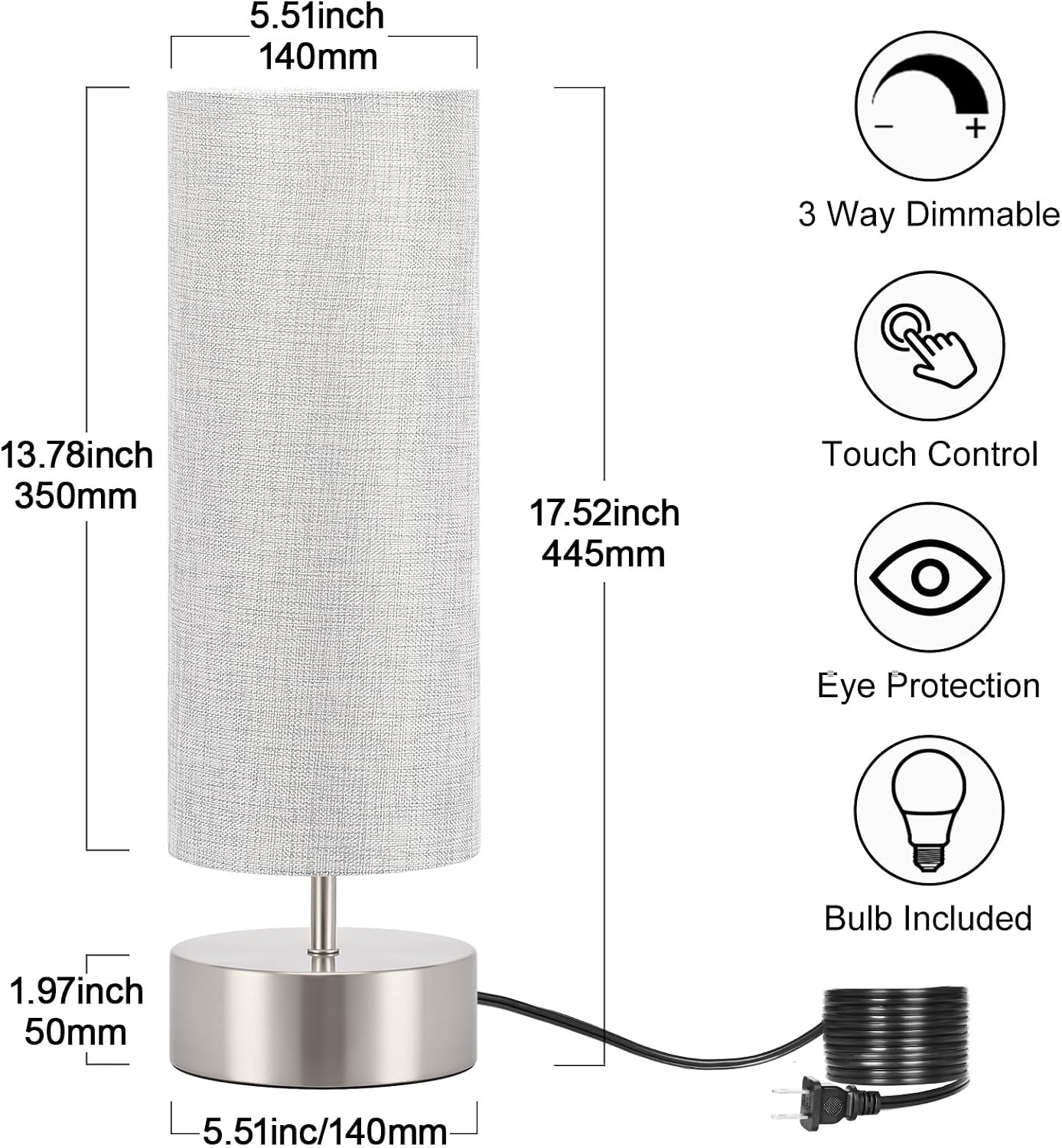 Bedside Touch Lamp, 3 way Touch Control Table Lamp with Silver Base, Modern Gray Nightstand Lamp with Cylinder Shade, Simple Dimmable…
