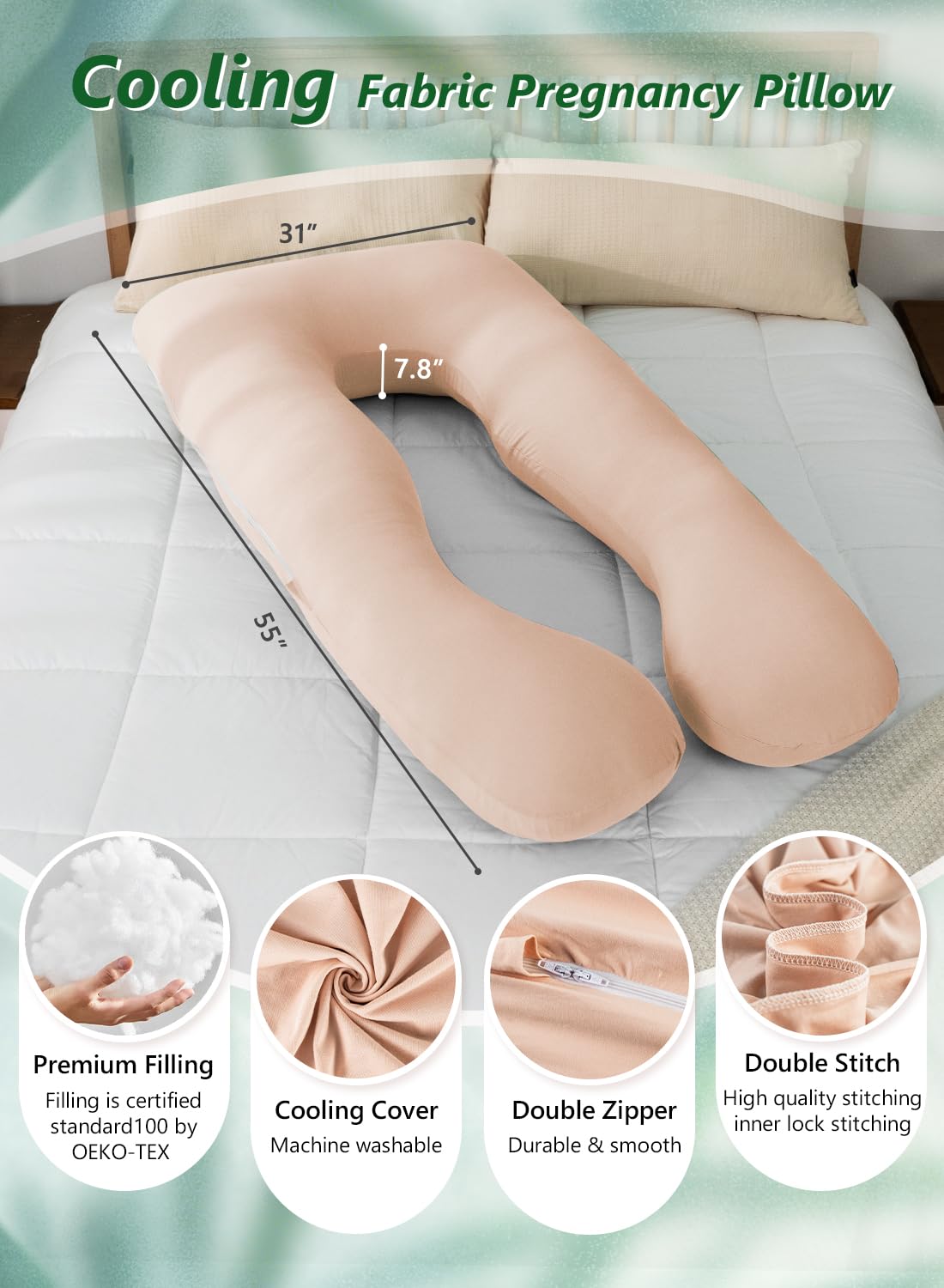 Meiz Pregnancy Pillows, Pregnancy Pillows for Sleeping Cooling, U Shaped Full Body Pillow for Adult, Rayon Cover from Bamboo, Light Apricot…