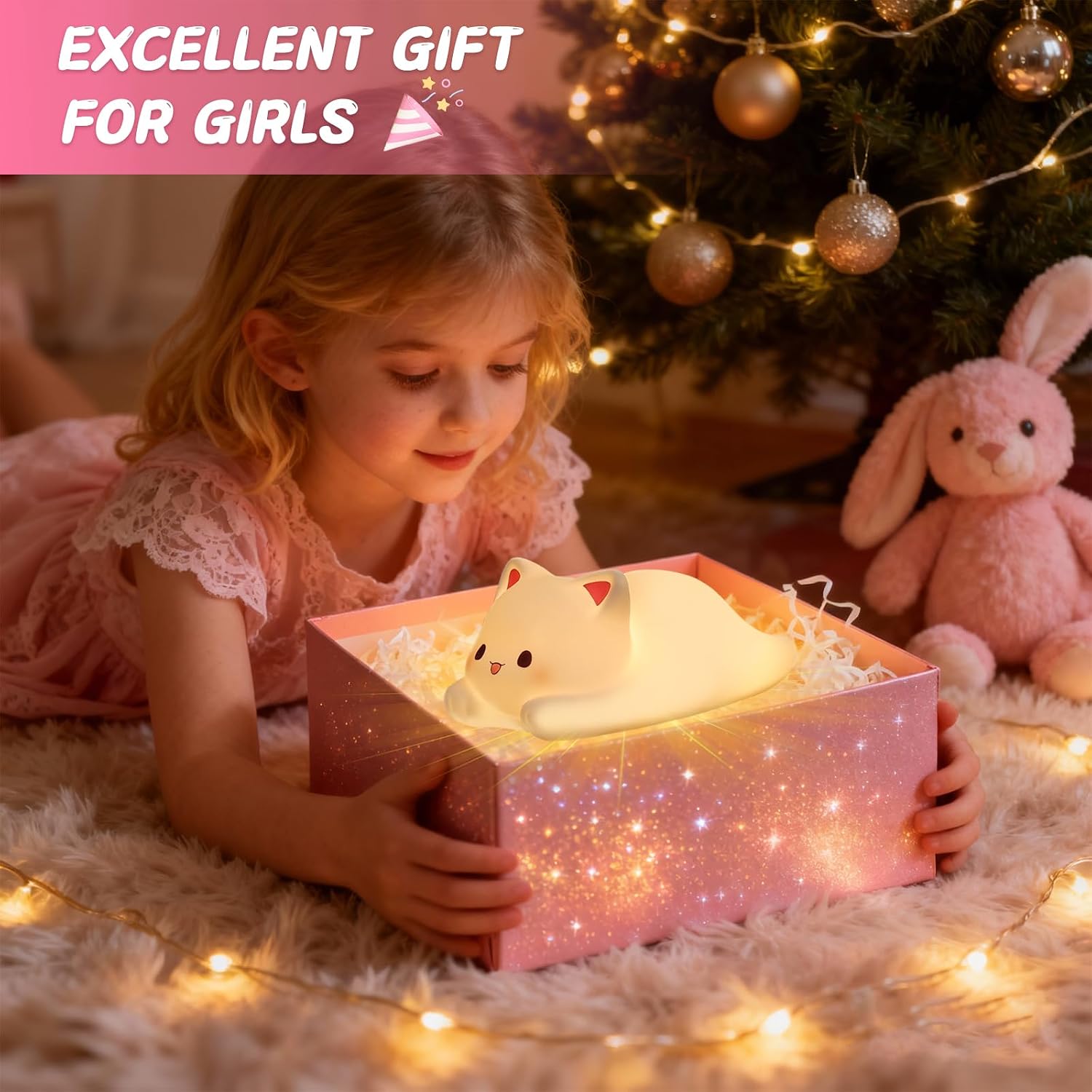 LOVERUIS Cute Night Light for Kids Cat Night-Light Baby Girl Squishy NightLight 1/3 Hour Timer Kitty Light Baby Dimmable Nursery Lamp…
