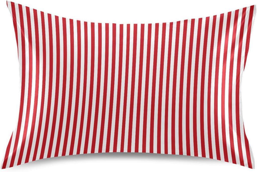 Stripe Red White Print Pillow Covers Silk Pillowcase for Hair and Skin Breathable Smooth Soft Satin Pillowcase Standard Size Pillow Case…