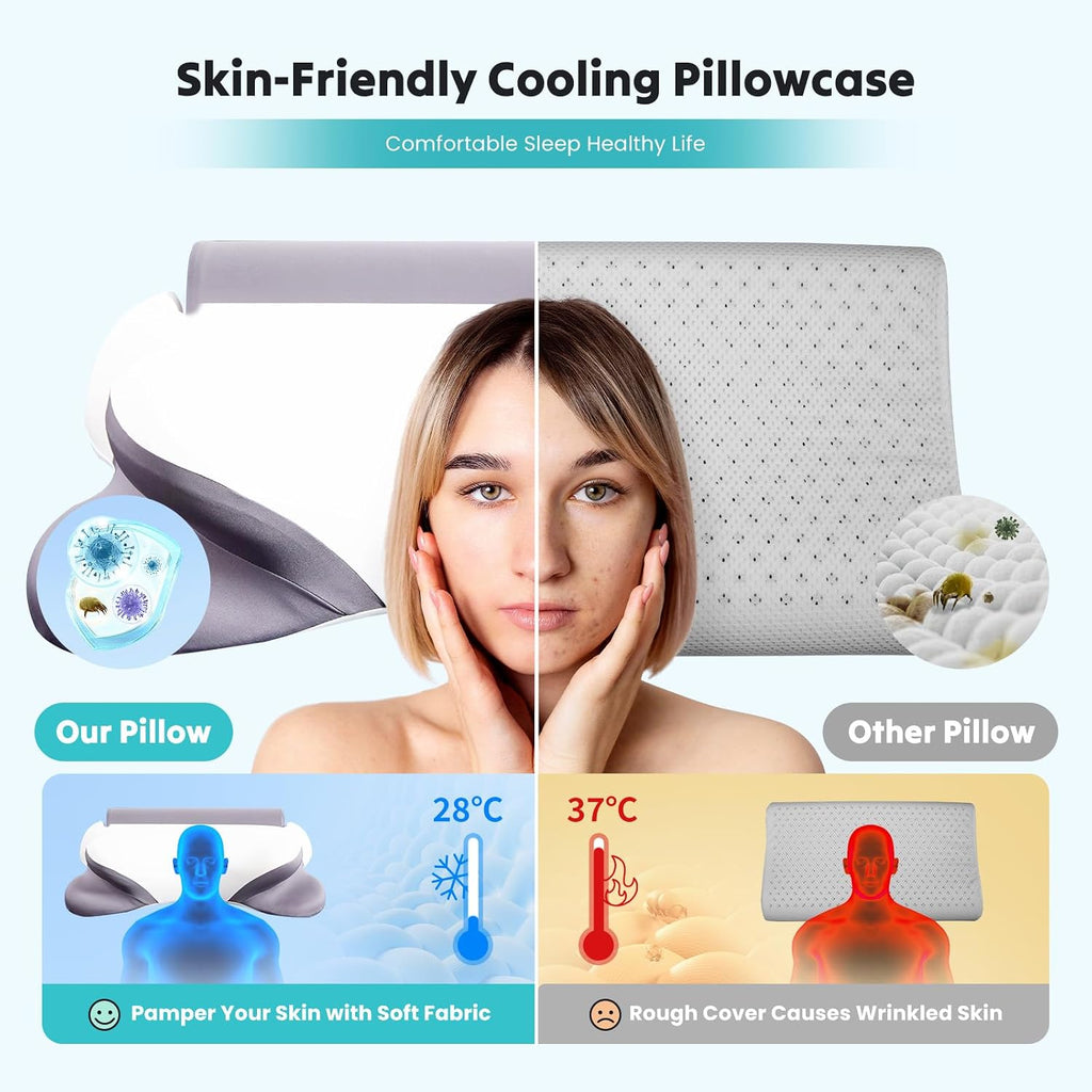 DUMOS Cervical Neck Pillow for Sleeping, Cooling Ergonomic Memory Foam Pillow with Arm Rest Slot and Ice Silk Pillowcase, Dual Height…